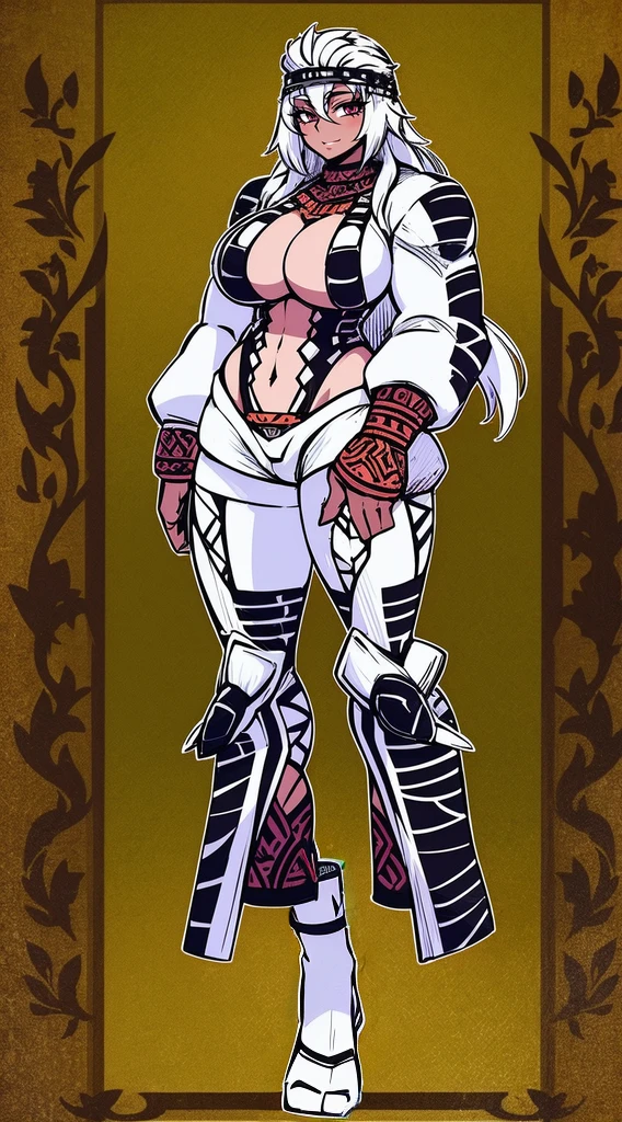 helga, dark-skinned female, short hair, silver hair, horns, red eyes, , huge breasts, no wings, muscular female, thick thighs, thick arms, tomboy,full body tatto,, no tail,fertility tatto, breeding tatto,smug, holding axe, reflection light, blending, bloom, god rays, ray tracing, Fujicolor, drop shadow, Gothic art, anime, Ghibli-like colours, anime style, UHD, retina, masterpiece, ccurate, anatomically correct, textured skin, super detail, high details, high quality, award winning, best quality, highres, 1080P, HD, 4K, 8k, 16k,refsheet, leotard, body suit, stomatch,#outfit #woman #Clothing barbarian