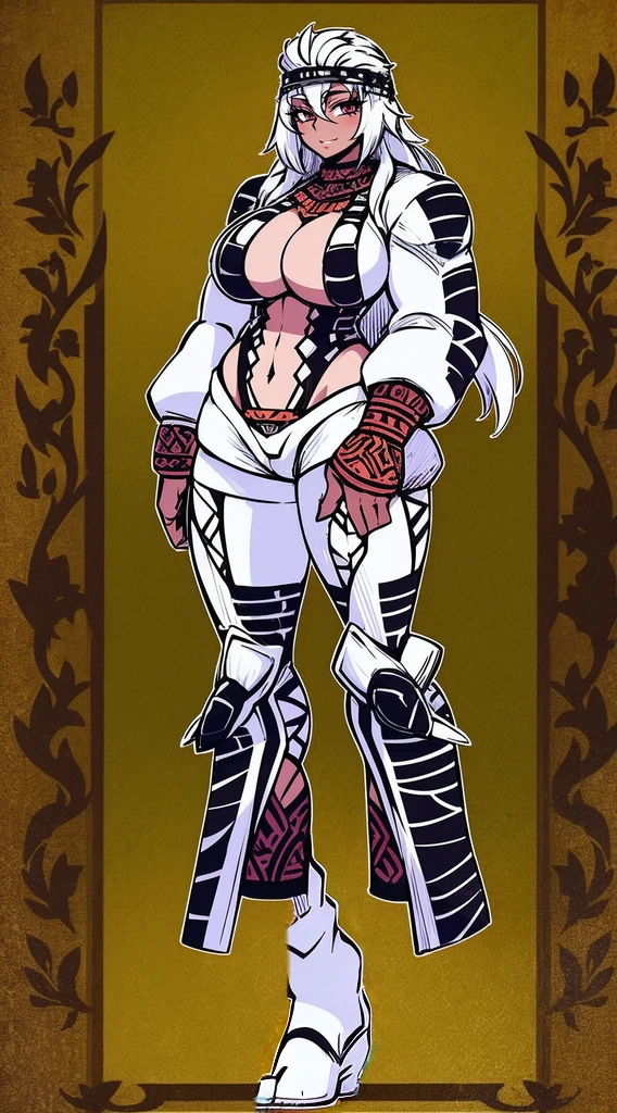 Ebony skinned female with white dreadlocks, thicc, wearing tribal warrior outfit, full body, standing, full body