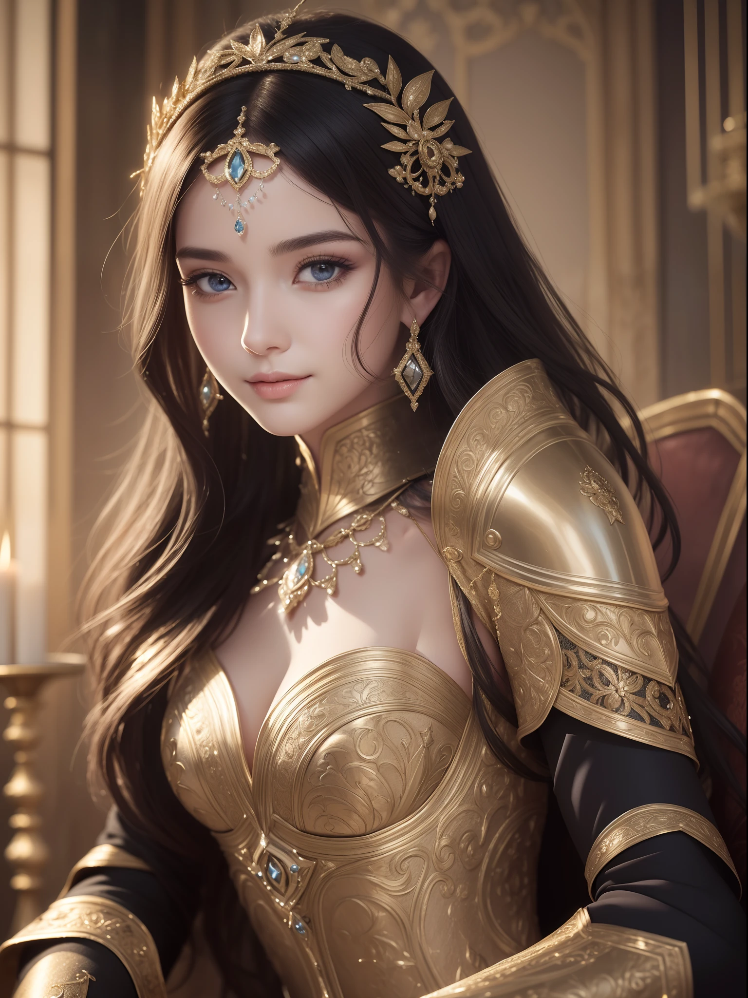(((highest quality))), ((masterpiece)), ((complex details)), 32k, sharpness, highly detailed CG, perfect artwork, detailed and detailed details, fantastic art, fantasy work, perfect female figure, ((early 20s woman)), leg line beauty, very delicate and beautiful, best quality, beautiful detailed girl, beautiful fine eyes, face lights, realistic expression of face, Intricate details, makeup, ((staring at the viewer,crazy, faint smile:1.4))), (Female Knight: 1.8), (Full body armor: 1.9, iron, black leggings: 1.3 decoration, black, dull gloss, complex and dense, detailed, unexposed armor: 1.8))),(Detailed beautiful delicate face, detailed beautiful delicate eyes, face) Perfect proportions, perfect face modeling: 1.1, detailed skin, Detailed skin, (Dense and detailed sparkling gemstone earrings:0.5), (Dark indoor background with depth:1.8,Candle:1.2,), Full body:1.5, Dark, Dark, Mad, Luxurious chair