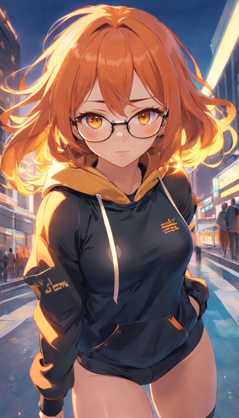 ​masterpiece、top-quality、1 female、Orange hair、huge tit、Big ass、black rubber suit、yellow eyes、thick thighs、Long wavy hair、wide hips、Thigh muscles、(Spark:0.7),Orange hoodie、eye glass、White cap