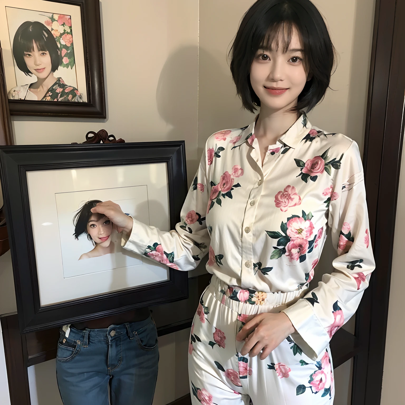 93
(a 20 yo woman,is standing), (A hyper-realistic), (masutepiece), ((short-hair:1.46)), (Smooth black hair), wear long pants, (Wearing a long-sleeved shirt with a floral print), (painterly、picture frame), (Gentle smile), (Keep your mouth shut)