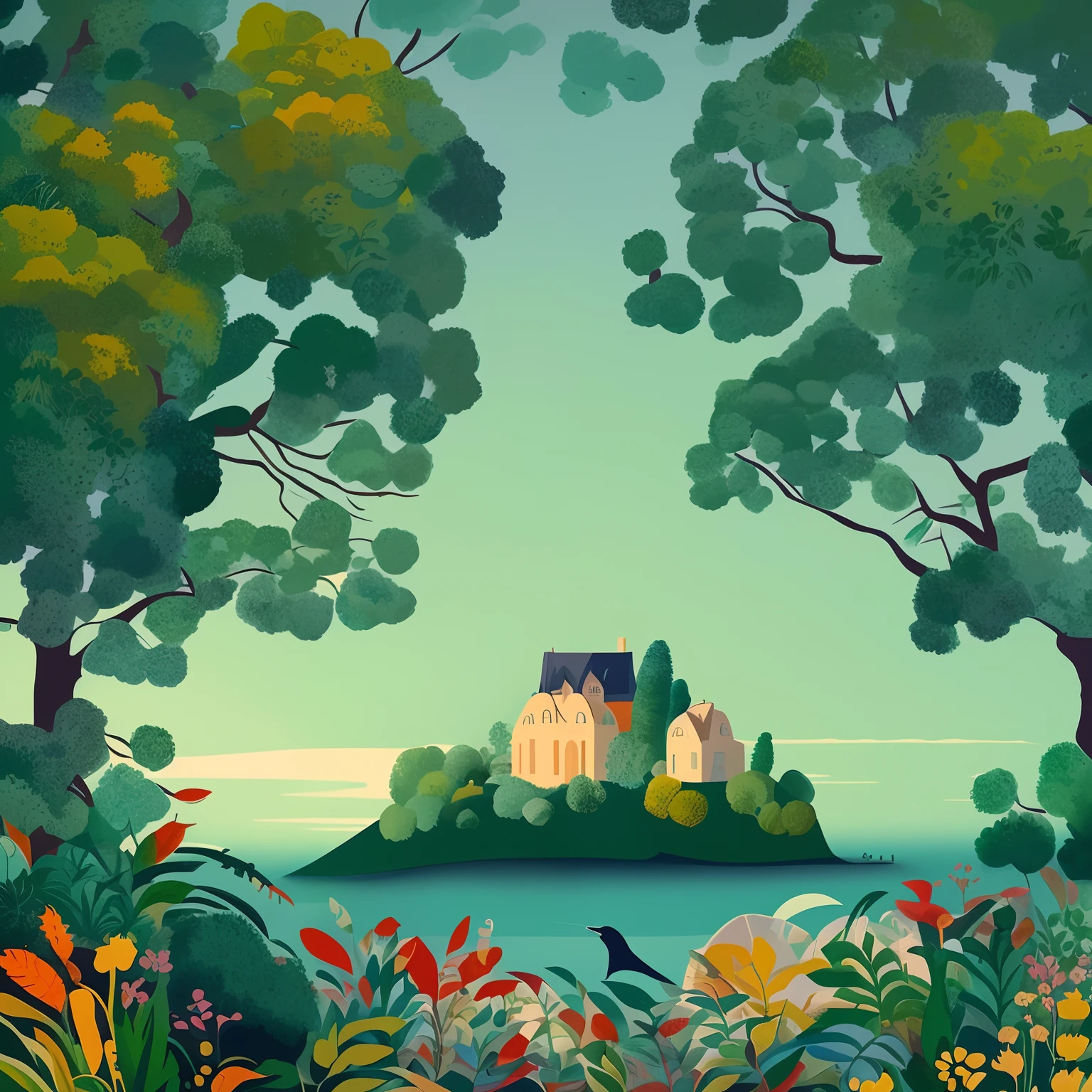 uma pintura de uma casa no meio de uma floresta, Jane Newland, inspirado em Tove Jansson, inspirado em Henri Rousseau, No estilo de Henri Rousseau, lindamente ilustrado, stylised illustration, Directed by: Camille Bombois, paisagem da ilha, inspirado em Eyvind Earle, Laurent Durieux, inspirado em Richard Doyle, em uma ilha
