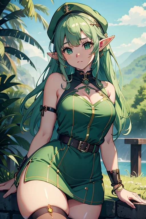 ultra realista 8k CG, master part, 1girl, cute face, thick thighs, cute elf dress, green theme