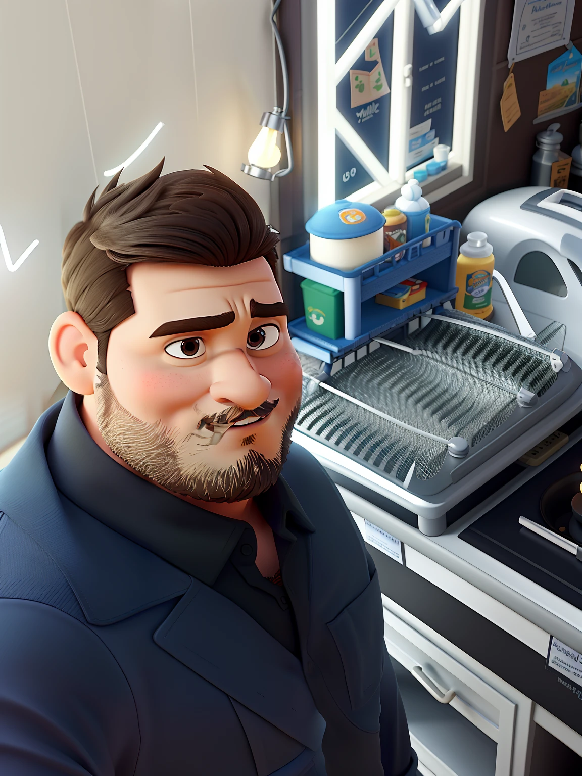 Poster no estilo Disney pixar, alta qualidade, melhor qualidade, homem sexy branco, 30 anos cabelo grisalho barba preta, musculoso, com fundo em um restaurante a luz de velas