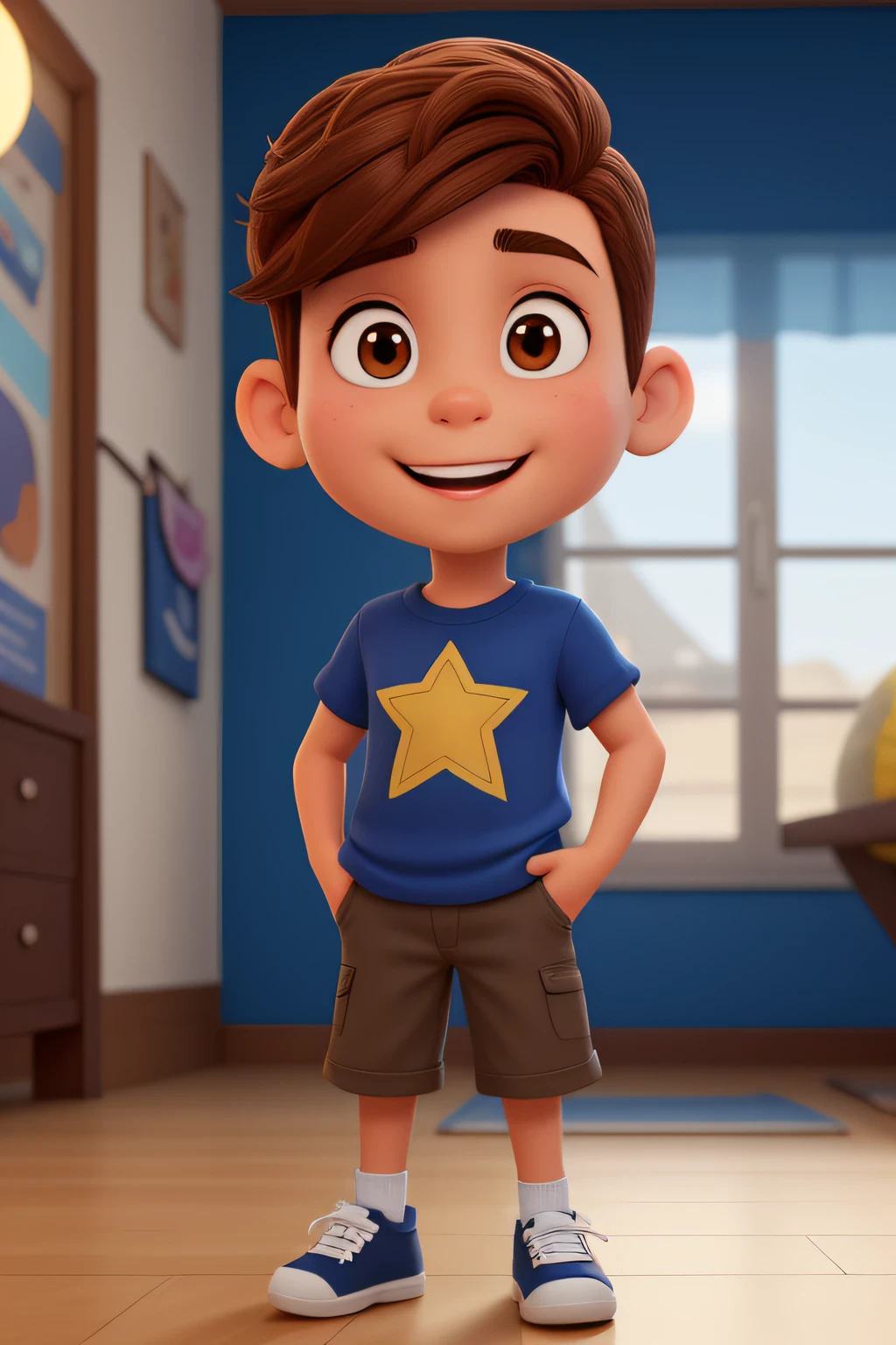 Um menino de 25 anos, com curto cabelos pretos , olhos castanhos Rosto redondo, sorriso encantador, cap, Sneakers and brown eyes, segurando uma caneca, No estilo Disney Pixar