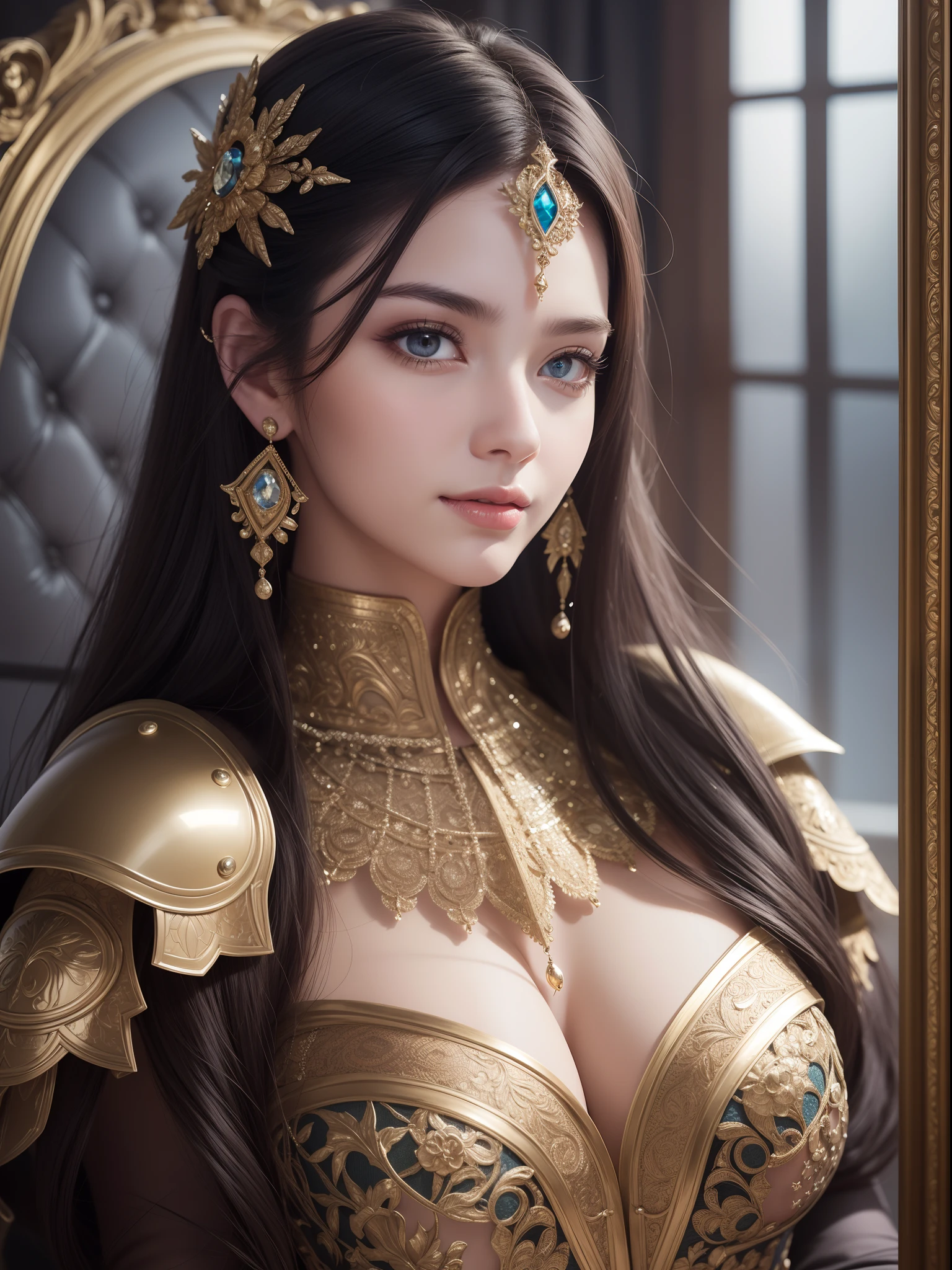 (((highest quality))), ((masterpiece)), ((complex details)), 32k, sharpness, highly detailed CG, perfect artwork, detailed and detailed details, fantastic art, fantasy work, perfect female figure, ((early 20s woman)), leg line beauty, very delicate and beautiful, best quality, beautiful detailed girl, beautiful fine eyes, face lights, realistic expression of face, Intricate details, makeup, ((staring at the viewer,crazy, faint smile:1.4))), (Female Knight: 1.8), (Full body armor: 1.9, iron, black leggings: 1.3 decoration, black, dull gloss, complex and dense, detailed, unexposed armor: 1.8))),(Detailed beautiful delicate face, detailed beautiful delicate eyes, face) Perfect proportions, perfect face modeling: 1.1, detailed skin, Detailed Skin, (Dense and Detailed Shine Gemstone Earrings:0.5), Full Body:1.5, Dark, Dark, Mad, Luxurious Chair