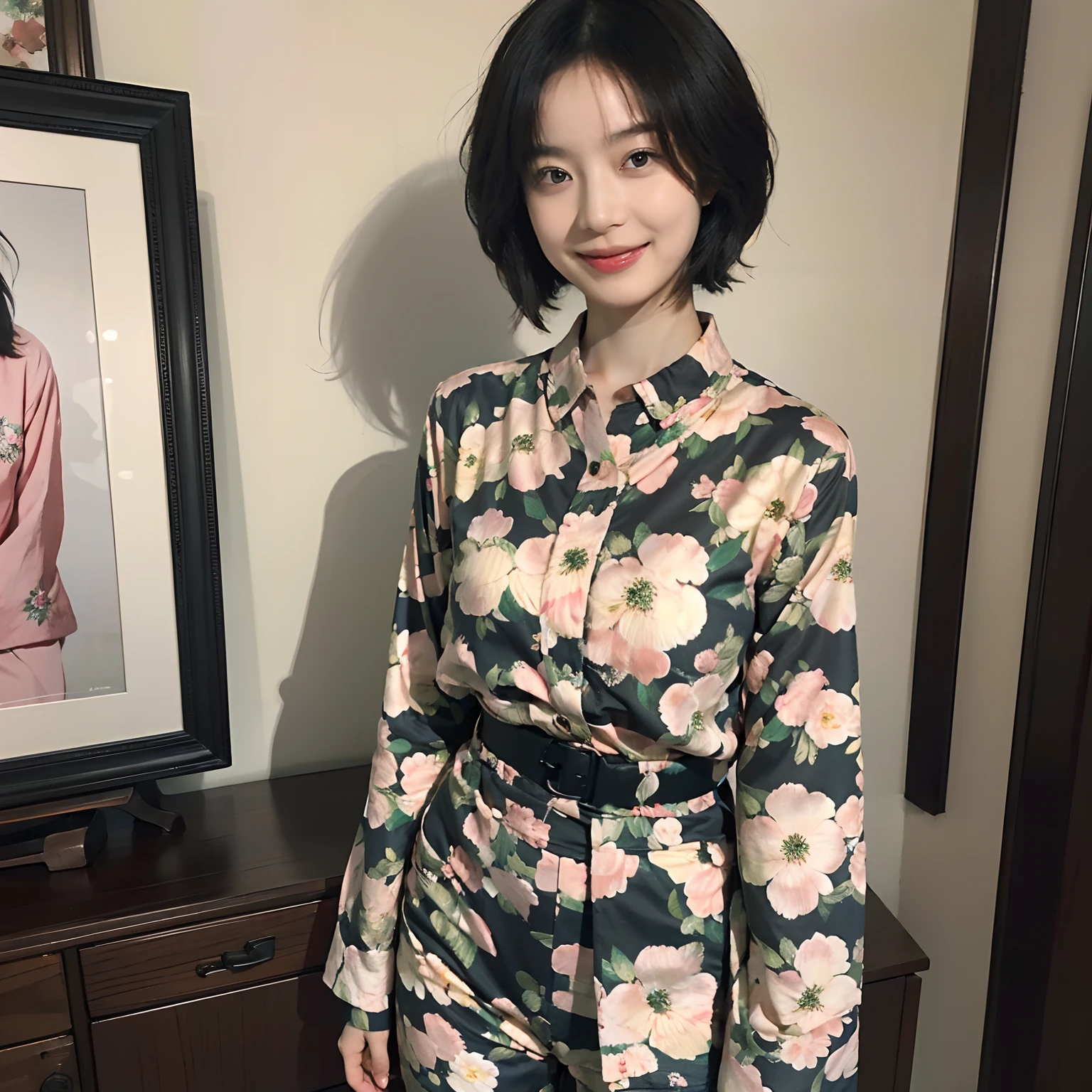 93
(a 20 yo woman,is standing), (A hyper-realistic), (masutepiece), ((short-hair:1.46)), (Smooth black hair), wear long pants, (Wearing a long-sleeved shirt with a floral print), (painterly、picture frame), (Gentle smile), (Keep your mouth shut)