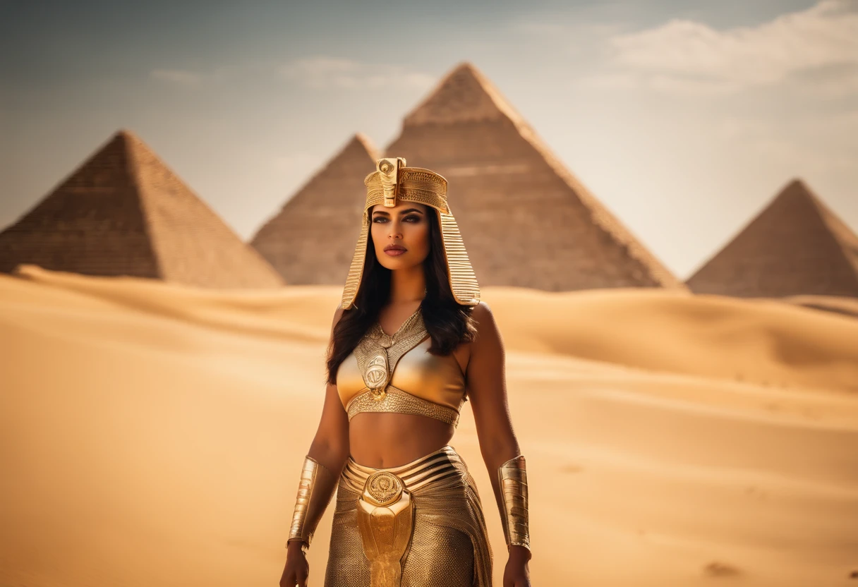 best quality, portrait of a beautiful, curvy woman in futuristic headdress inspired by an ancient egypt king and Cleopatra, tutankhamun, snake, gold, silver, stones, scarab beetle, eyes protected by a transparent visor, transparent limestone, microchips, Integrated Circuit, cabels, electric glow, retro futurism, behind the woman there is a red desert landscape with ancient pyramids but with a futuristic touch, mecha-girl, human machine integration, short skirt in gold