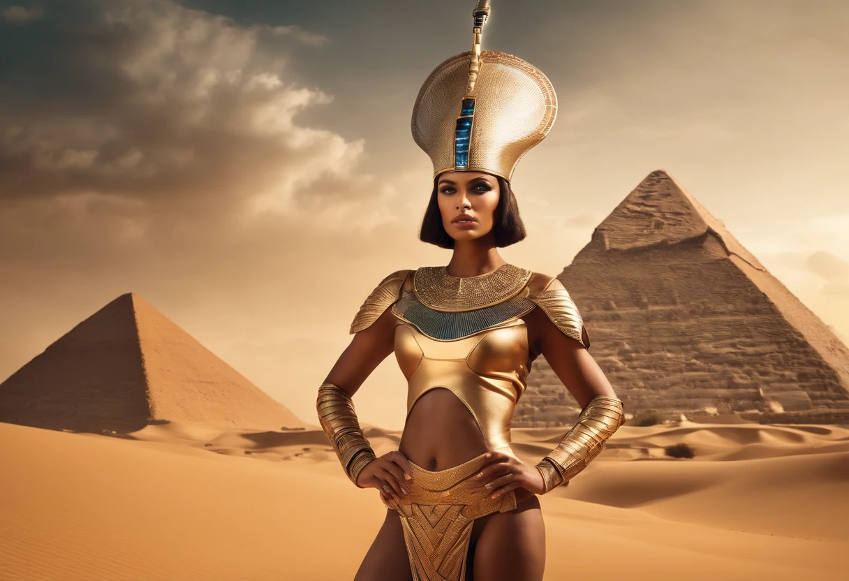 best quality, portrait of a beautiful, curvy woman in futuristic headdress inspired by an ancient egypt king and Cleopatra, tutankhamun, snake, gold, silver, stones, scarab beetle, eyes protected by a transparent visor, transparent limestone, microchips, Integrated Circuit, cabels, electric glow, retro futurism, behind the woman there is a red desert landscape with ancient pyramids but with a futuristic touch, mecha-girl, human machine integration, short skirt in gold