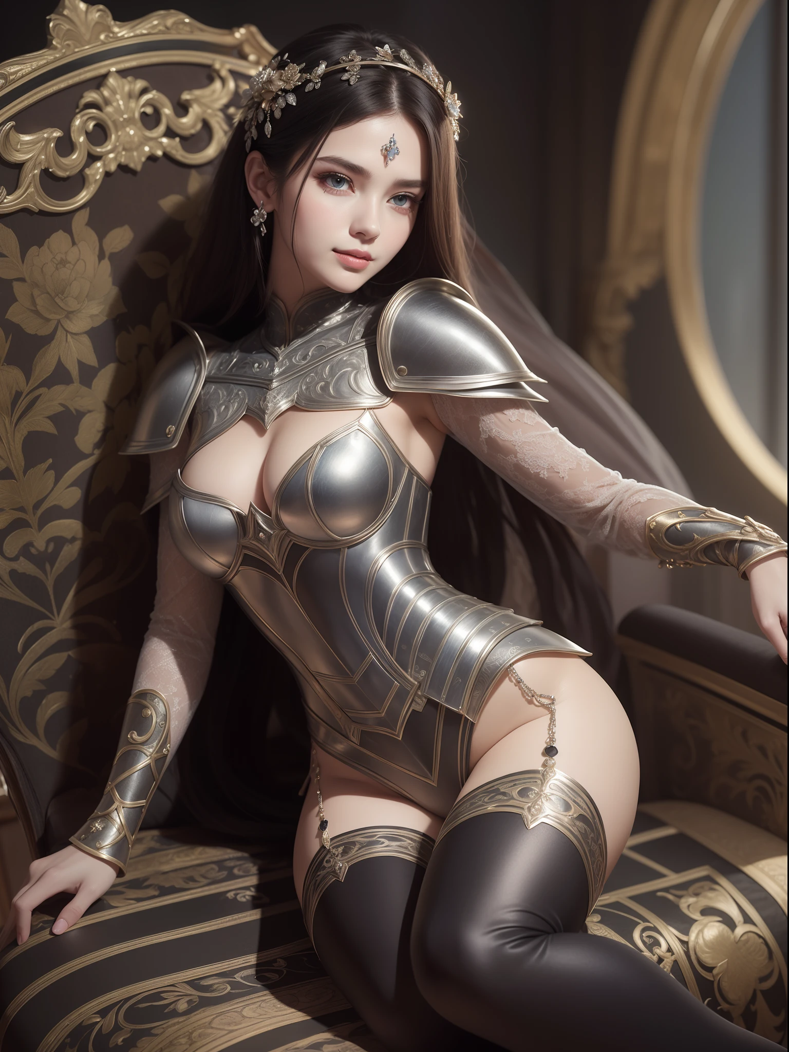 (((highest quality))), ((masterpiece)), ((complex details)), 32k, sharpness, highly detailed CG, perfect artwork, detailed and detailed details, fantastic art, fantasy work, perfect female figure, ((early 20s woman)), leg line beauty, very delicate and beautiful, best quality, beautiful detailed girl, beautiful fine eyes, face lights, realistic expression of face, Intricate details, makeup, ((staring at the viewer,crazy, faint smile:1.4))), (Female Knight: 1.8), (Full body armor: 1.9, iron, black leggings: 1.3 decoration, black, dull gloss, complex and dense, detailed, unexposed armor: 1.8))),(Detailed beautiful delicate face, detailed beautiful delicate eyes, face) Perfect proportions, perfect face modeling: 1.1, detailed skin, Detailed Skin, (Dense and Detailed Shine Gemstone Earrings:0.5), Full Body:1.5, Dark, Dark, Mad, Luxurious Chair