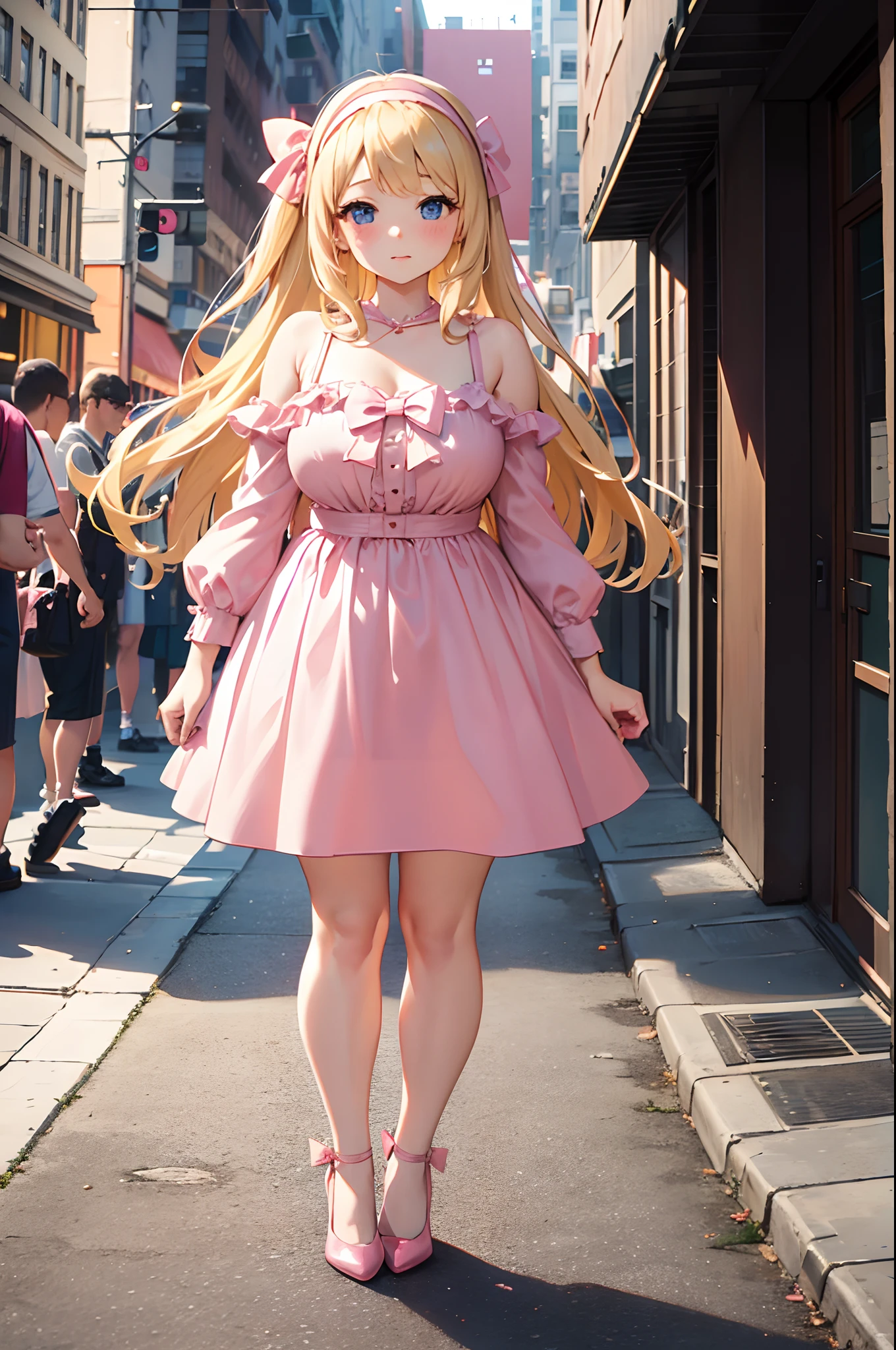 cute blonde girl, early twenties, beautiful, pink dress, bow, headband, short blonde hair, standing in city, very chubby, thigh high socks, one person, purse, pink high heels, chubby belly, pink dress, pink color pallet