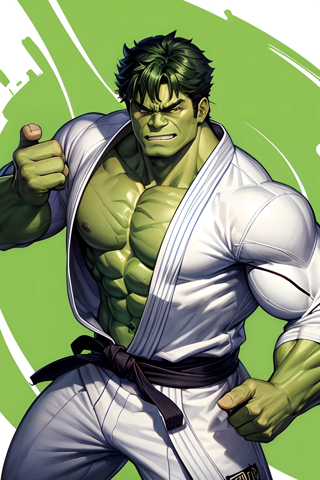 HULK COM O CORPO VERDE, COM UM KIMONO BRANCO DE JIU JITSU, FAIXA PRETA, BEM MUSCULOSO, CORPO INTEIRO, ESTILO VINGADORES