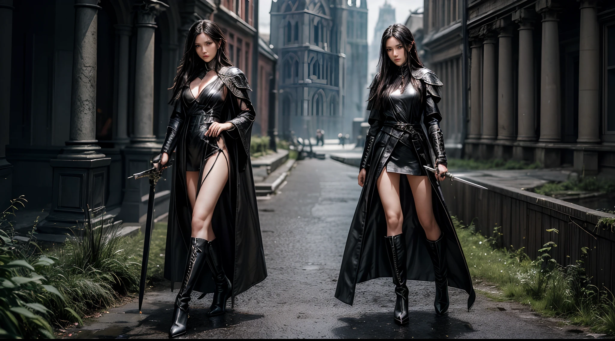 Pretty women, 40yr old,2 girls,russian,black hair,Black dress Armor,high heels boots,Full body portrait,Slender body,(holding swords),robe,Manteau,Perfect face and nice perfect face, Surreal concept, 8K resolution, photographic quality, Walk through the ruins, Photorealistic,A detailed eye,Diagonal angle,