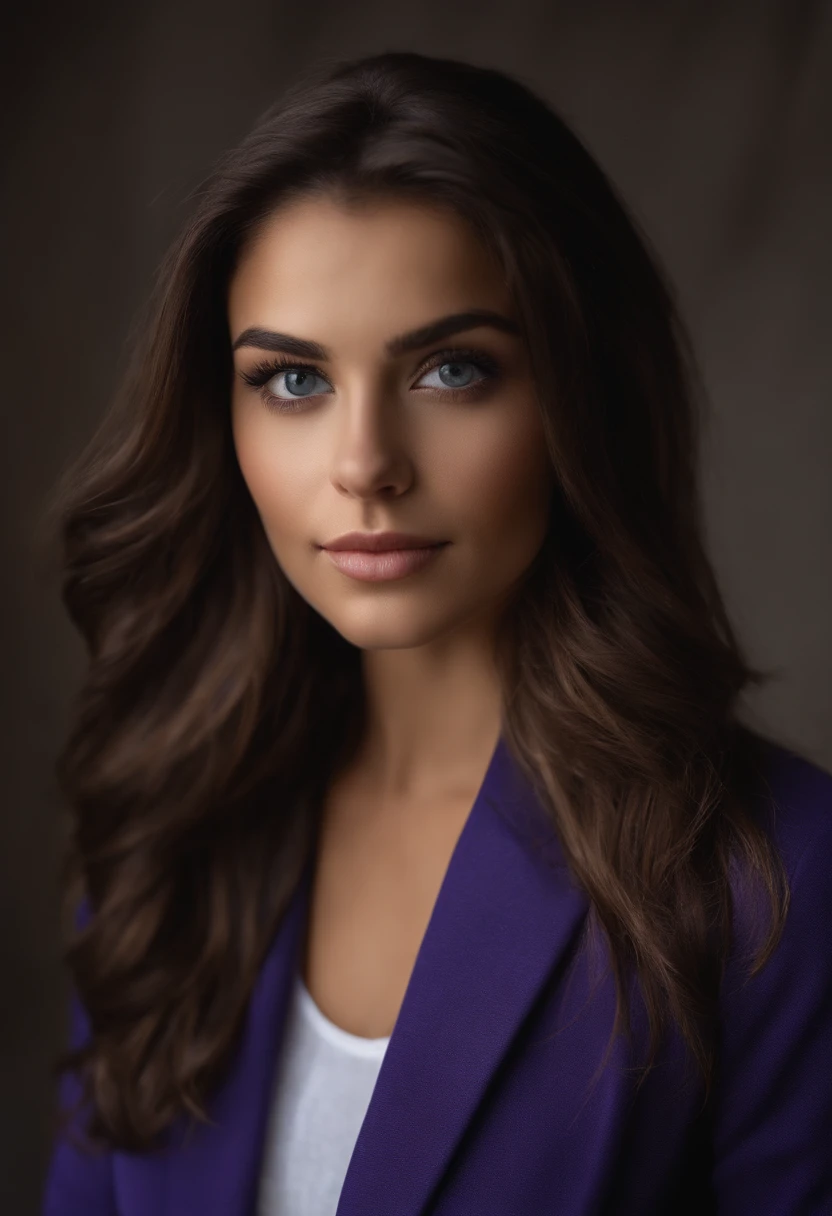 Arafed woman completely , fille sexy aux yeux bruns, ultra realist, Meticulously detailed, cheveux bruns et grands yeux, selfie of a young woman, Violet Myers, sans maquillage, maquillage naturel, looking straight at camera, Visage avec Artgram, Maquillage subtil, Porter un blazer, Portrait pris debout devant une photocopieuse avec en fond un mur bleu clair uni, Buste de taille moyenne