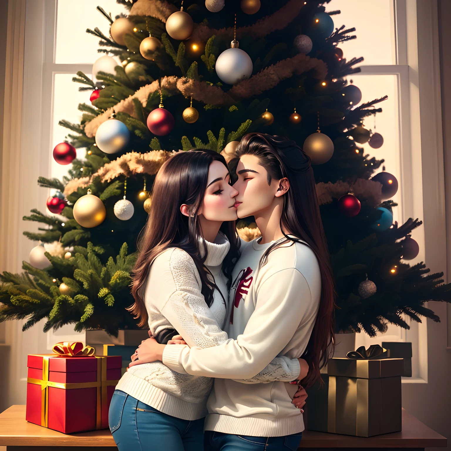 big christmas tree  with red gold and silver ordainments couple standing infront of the christmas tree kissing boy on right wearing a black sweater with a middle part hair cut blue jeans and white converse giving the girl on the left a side hug as they kiss the girl is wearing red hollister sweater blue jeans and white converse with hand in the sweater pocket and also has long hair  kissing the boy both are mexican with medium skin color