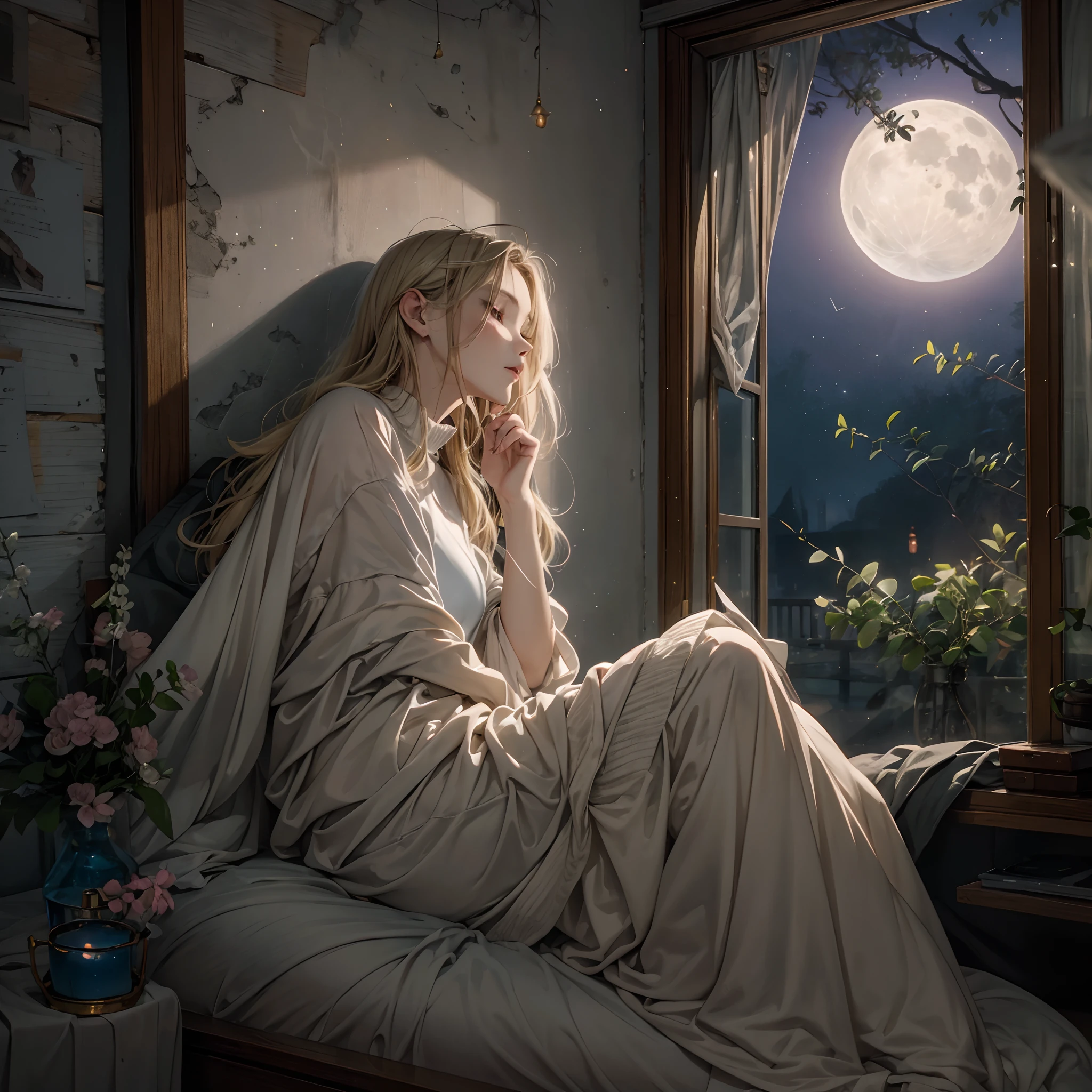 (masterpiece),(top-quality:1.2),1girl in,(masuter piece:1.3),exquisitedetails, Highest quality 8K resolution, Ultra-detailed, Realistic, (Melody Mark:1.2),Vibrant colors, Soft tones, With warm and gentle lighting,In a serene, Long blonde woman sleeping on bed in bedroom. Her eyes, Quietly closed, The air of silence in the room. Outside, From a nearby window, appearing。 (Night Moon), Painting the world with a gentle glow, Midnight Dawn. Inside, The room is dimly lit, (Dim lighting) aura, Enveloped in the silence of the moonlight. This atmosphere, accompany (Gentle night air), Quietly flowing around, Enveloping a woman wrapped in a cocoon of silence、Rest in peace、An air of silence