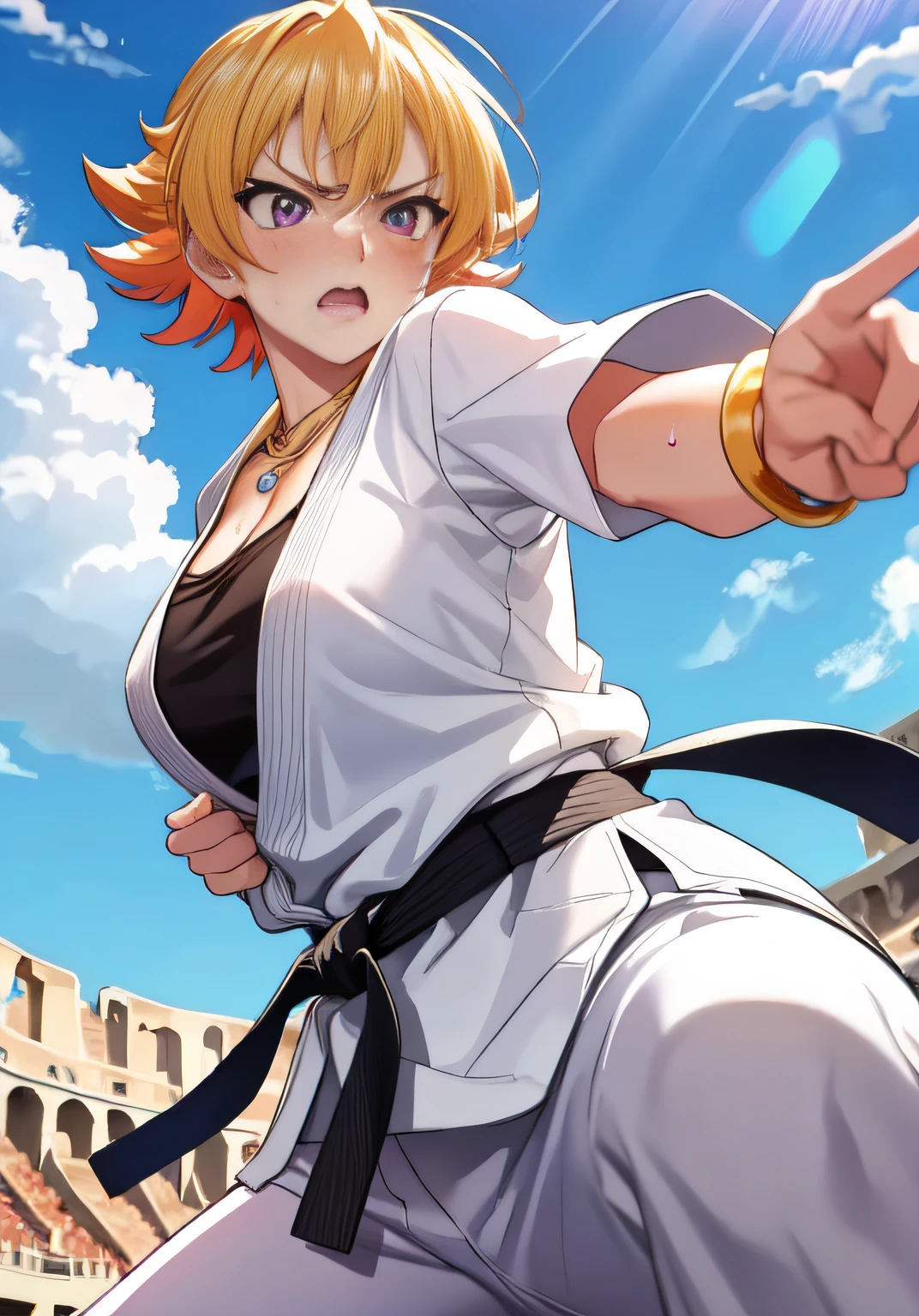 igawa,medium breasts,bouncing breasts,cleavage,blonde hair,bobcut, purple eyes,navel,(karate gi,white pants:1.2),no panties,(sweat gleaming skin:1.1), outdoors,sunlight, spotlight effect,bright sky, blue sky with clouds,strong wind, (colosseum),(highres, high quality:1.1), intricate details, cinematic lighting, 1girl,(red blush,angry),(Gorgeous Necklace,jewelry, bracelet),(dynamic fighting pose:1.2),dynamic angle,from below