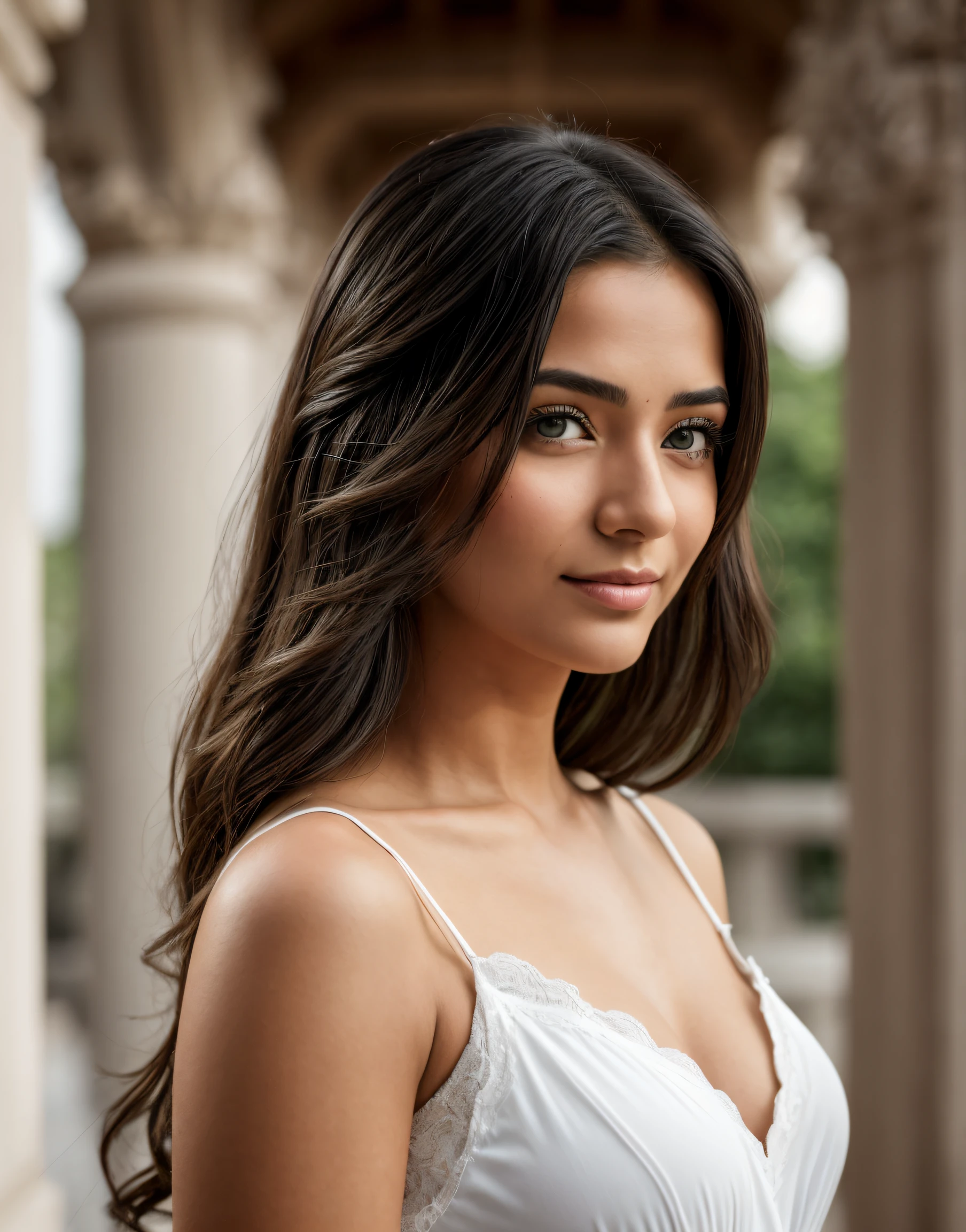 full entire body, Beauty in front of the temple, ***1人, a 27-year-old Indian woman, Absolute beauty, Lange Haare, Tragen eines modischen Kleides, Unterschiedliche Posing-Stile, Blick auf den Betrachter, Ultra-realistisch, hyperrealistisch, Ultra-detailliert, Hyper-detailliert, 35mm f/28, Hyper-detailed full-length shot of a woman, Lovely face, smil, sexy body, aesthetic body, satte farben, fokussiertes Gesicht, 8K, HD Crisp Upscale, Realistic lying， RAW-fotografie， best quality： 1.4, Tempel im Hintergrund , Beautiful details eye, Spaltung , dicke Oberschenkel, wide hips, Lange Haare, hochdetailliert, Perfekt platzierte Augen, Perfekte Augen, fotografiert mit einer Canon EOS R5, 50-mm-Objektiv, f/2.8, HDR, (filmische Beleuchtung), (Dramatische Beleuchtung), (Scharfer fokus), (kompliziert), Mode, Realistische Hautstruktur, (( Perfekte Anatomie)), ((detailliertes Gesicht:1.2)), ((detailed facial features)), (fein detaillierte Haut), Meisterwerk), (Perfekte Proportionen), (Realistisches foto), (best quality: 1.6), (Detailliert),