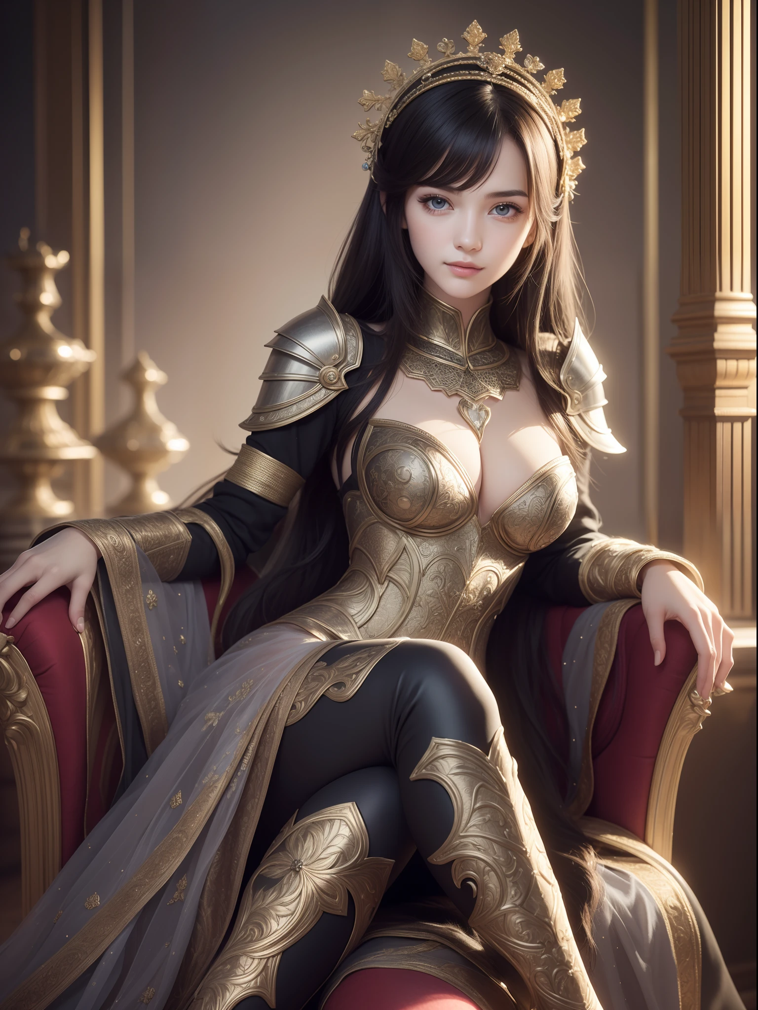 (((highest quality))), ((masterpiece)), ((complex details)), 32k, sharpness, highly detailed CG, perfect artwork, detailed and detailed details, fantastic art, fantasy work, perfect female figure, ((early 20s woman)), leg line beauty, very delicate and beautiful, best quality, beautiful detailed girl, beautiful fine eyes, face lights, realistic expression of face, Intricate details, makeup, ((staring at the viewer,crazy, faint smile:1.4))), (Female Knight: 1.8), (Full body armor: 1.9, iron, black leggings: 1.3 decoration, black, dull gloss, complex and dense, detailed, unexposed armor: 1.8))),(Detailed beautiful delicate face, detailed beautiful delicate eyes, face) Perfect proportions, perfect face modeling: 1.1, detailed skin, Detailed skin, (dense and detailed sparkling gemstone piercing:0.5), Full body:1.5, darkness, darkness, madness, plush chair, legs crossed, depraved