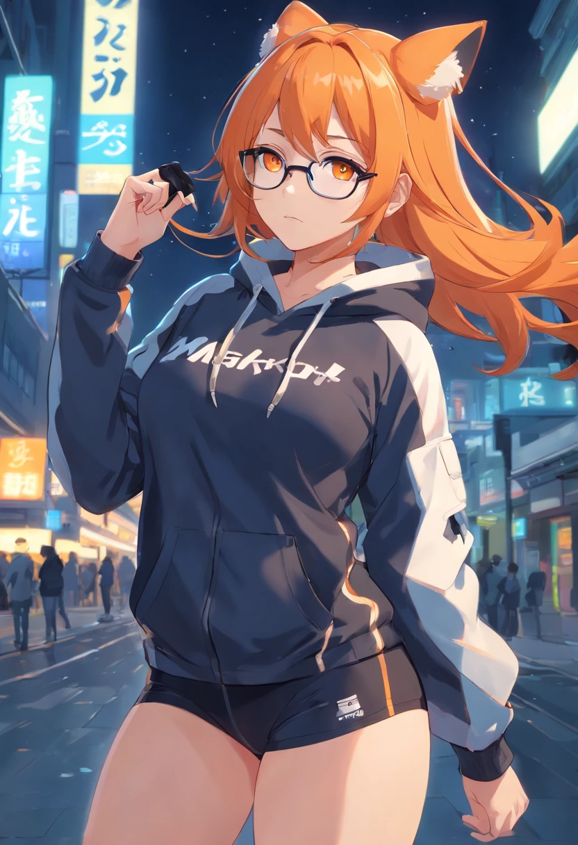 masterpiece、top-quality、1 female、Orange hair、huge tit、Big ass、black fullbody suit、yellow eyes、thick thighs、Long wavy hair、wide hips、Thigh muscles、(Spark:0.7),Orange hoodie、eye glass、White cap