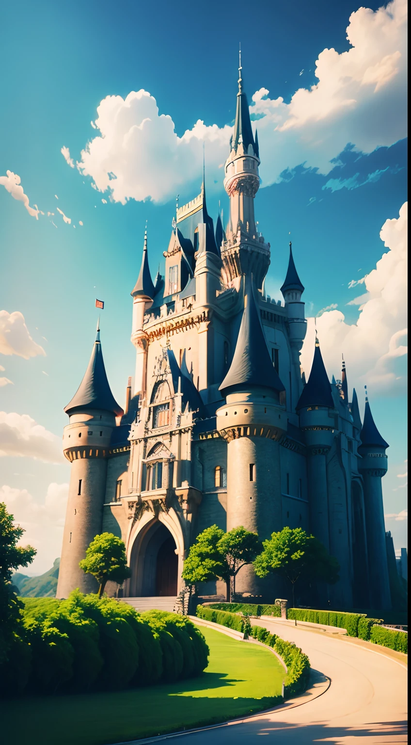 Beautiful anime castle, very colored background, very big castle