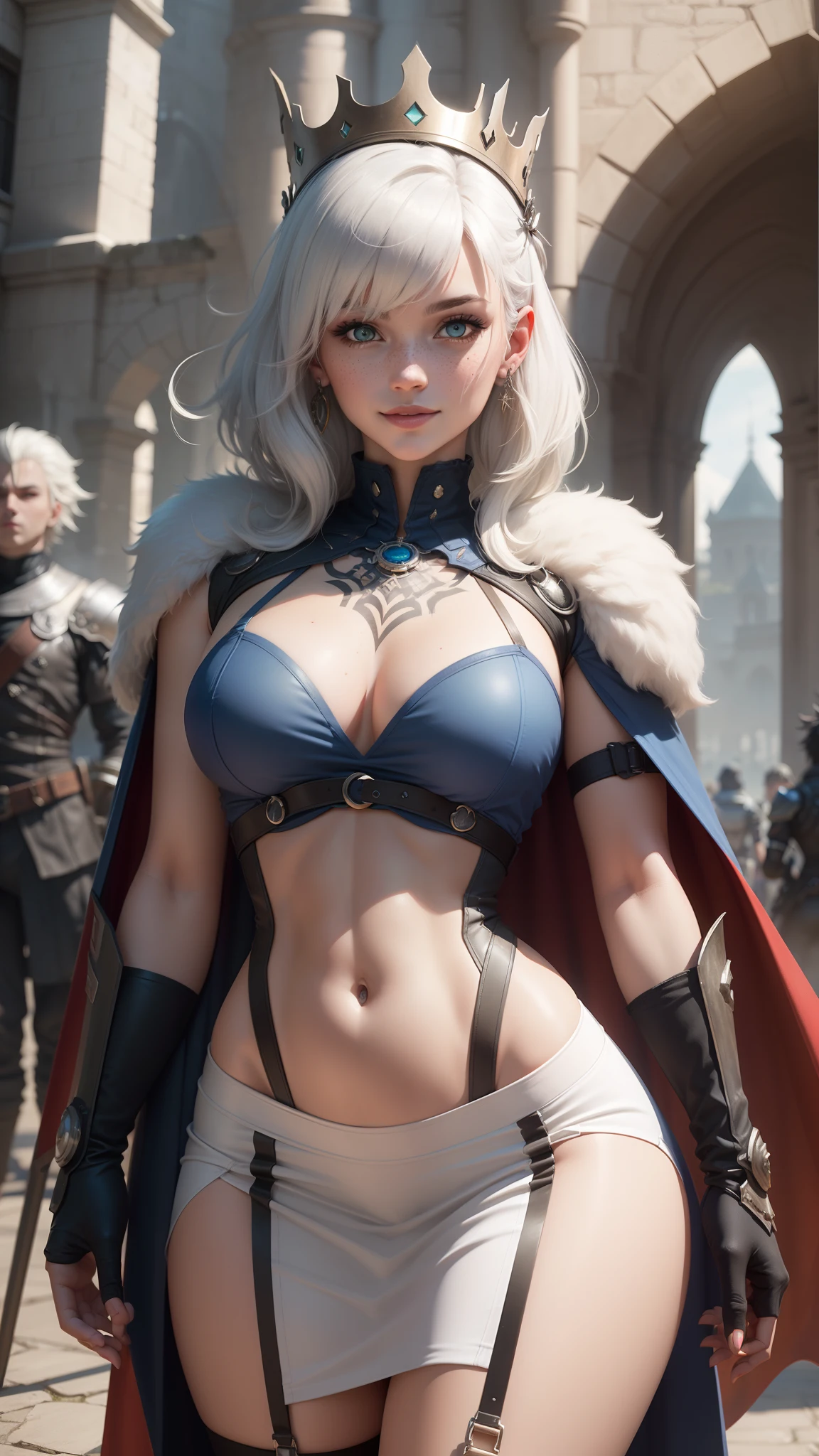 gwen tennyson,y'shtola rhul,yorha 2b, tracer,nier automata,overwatch,close up,mecha pilot,castle hall,tattoos,blue and red plugsuit,white short sleeve victorian top,blue steampunk bodycon long skirt,blue garter belt,uncovered belly,short hair,punk makeup,green eyes,multicolored silver hair,sexy smile,freckles,beautiful girl,large breasts,8k,ultra detailed,realistic,fantasy art,fur armor,steel armor,blue queen dress, queen cape,ear piercings,hair pin,saiyan girl,saiyan female,queen crown,castle banners,queen scepter,