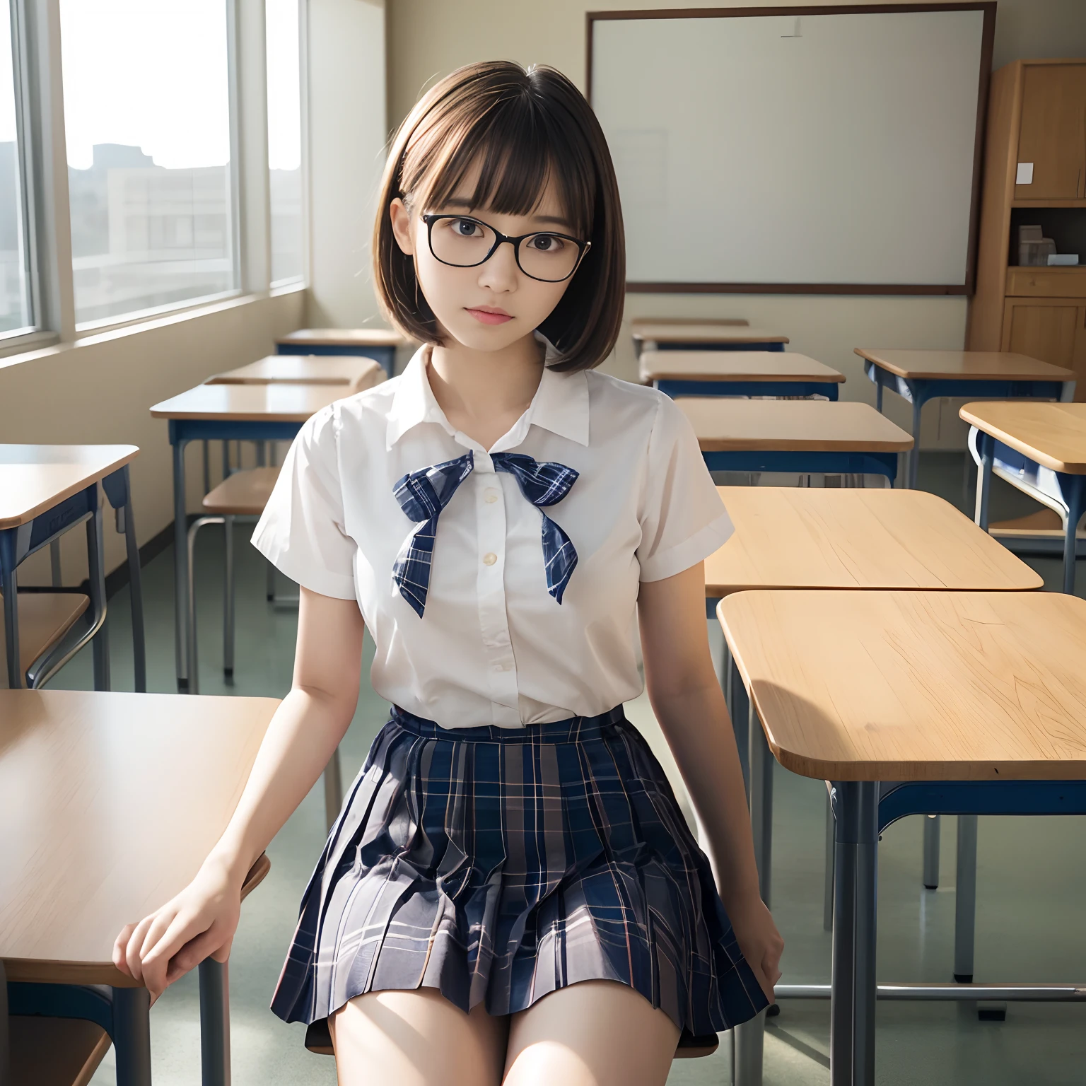 (8k, RAW Photos, Realistic: 1.25), masterpiece, highest quality, Ultra HD, Very beautiful and elegant Japanese woman, 15 years old, i always wear glasses, Beautiful black hair, Beautiful Skin, Slim body, Realisticで詳細な日本の高校の, Sailor suit, Navy Pleated Skirt,Realistic and detailed school library, Reading a book in the library, Random Pause, Accurate anatomy