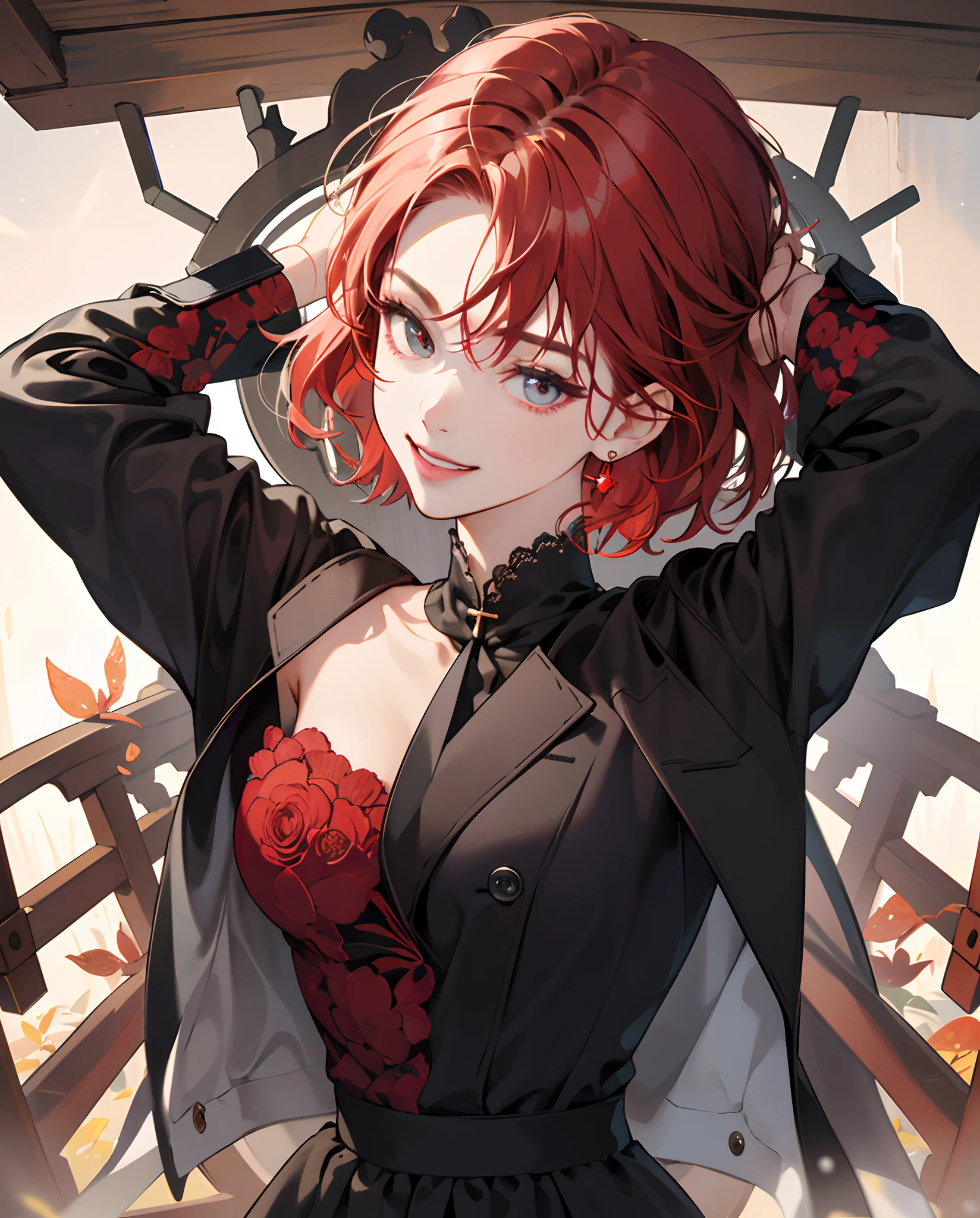 ​masterpiece、top-quality、超A high resolution、Girl in a black suit、2D Beautiful Girl、soio、kindly smile、Red-haired、short-haired、Eyes are drawn in detail、The face is depicted in detail、Clothes are depicted in detail、animesque、illustratio