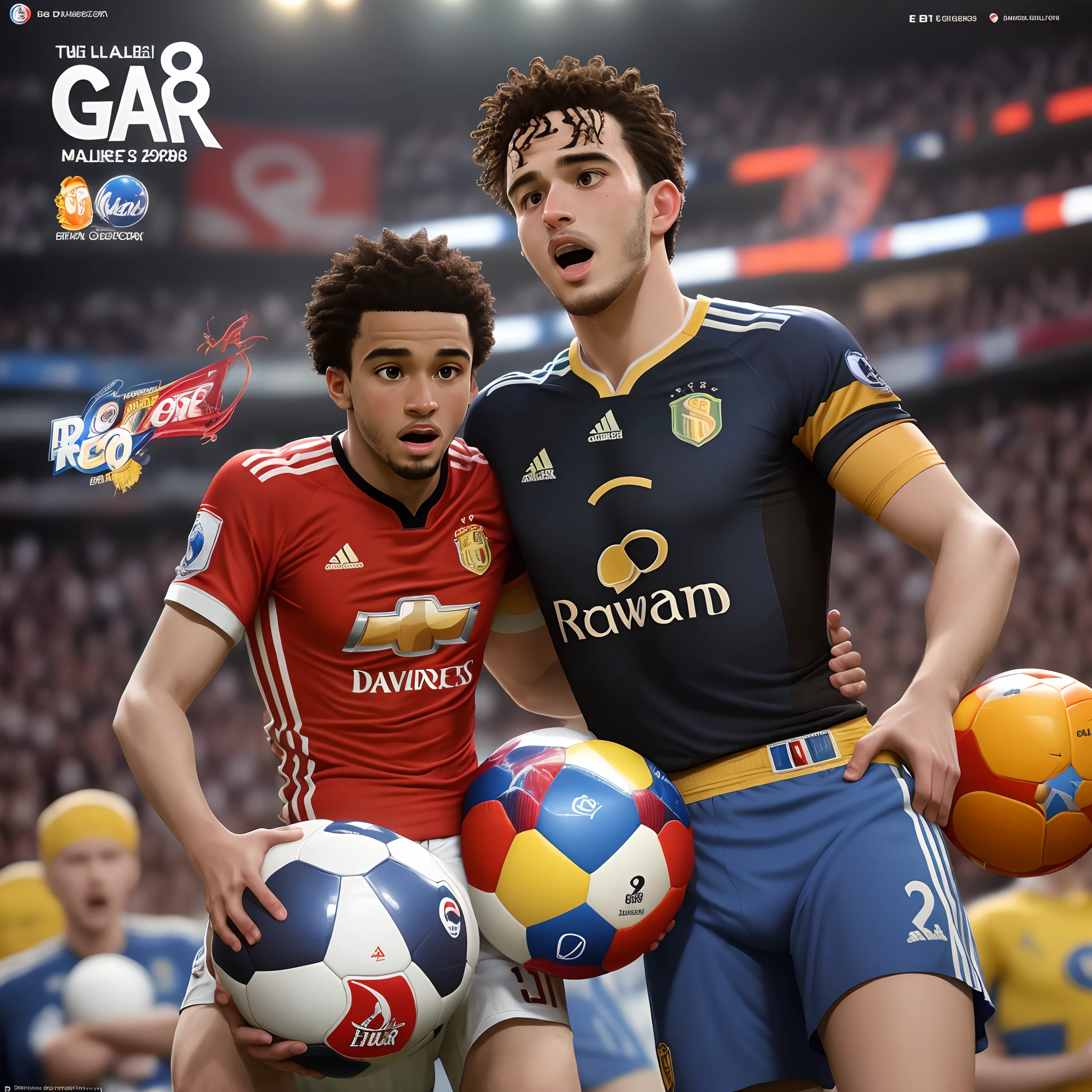 Affiche de film Disney Pixar avec pour titre « Le futur ballon d'or>>
C'est un garçon metisse, il est un peu gros, avec des yeux marron et les cheveux court, il a une petite barbe noir
L'action de l'image est qu'il joue au foot et que son équipe perd 8-0 il regarde le tableau de score triste de dos avec son nom (kwanza 5 sur l'arriere de son maillot)