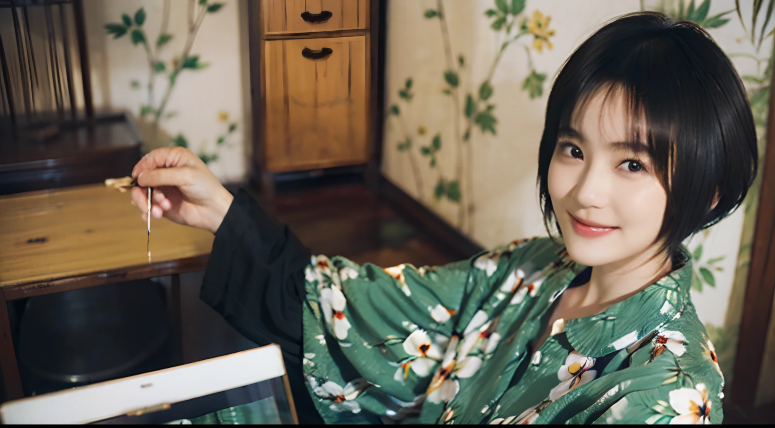 93
(a 20 yo woman,is standing), (A hyper-realistic), (masutepiece), ((short-hair:1.46)), (Smooth black hair), wear long pants, (Wearing a long-sleeved shirt with a floral print), (painterly、picture frame), (Gentle smile), (Keep your mouth shut)