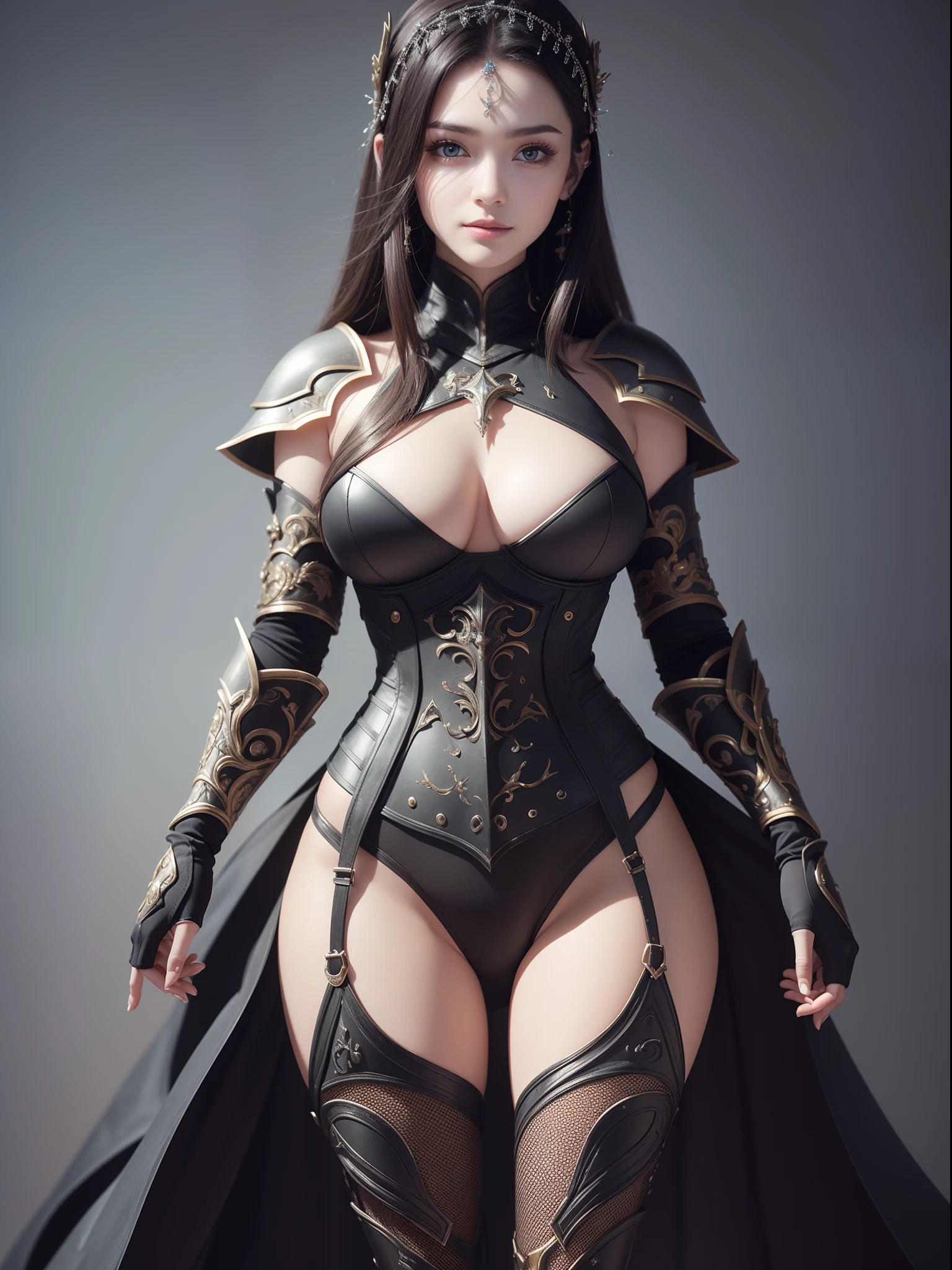 (((highest quality))), ((masterpiece)), ((complex details)), 32k, Sharpness, Highly detailed CG, Perfect artwork, detailed and detailed details, Fantastic art, Fantasy work, dark atmosphere: 1.8, Perfect female figure, ((Female in her early twenties)), Leg line beauty, Very delicate and beautiful, best quality, beautiful detailed girl, beautiful fine eyes, face lights, Realistic representation of face, intricate details, makeup, ((staring at the viewer,crazy, faint smile:1.4))), (Female Knight: 1.8), (Full body armor: 1.9, iron, black leggings: 1.3 decoration, black, no shine, complex and dense, detailed, armor without exposure: 1.8)))),(Detailed beautiful delicate face, detailed beautiful delicate eyes, face) perfect proportions, perfect face shape:1.1, Detailed Skin, Detailed Skin, (Dense and Detailed Jewel Piercings:0.5), Full Body:1.5, Darkness, Darkness, Madness, Cross Legs, Corrupt