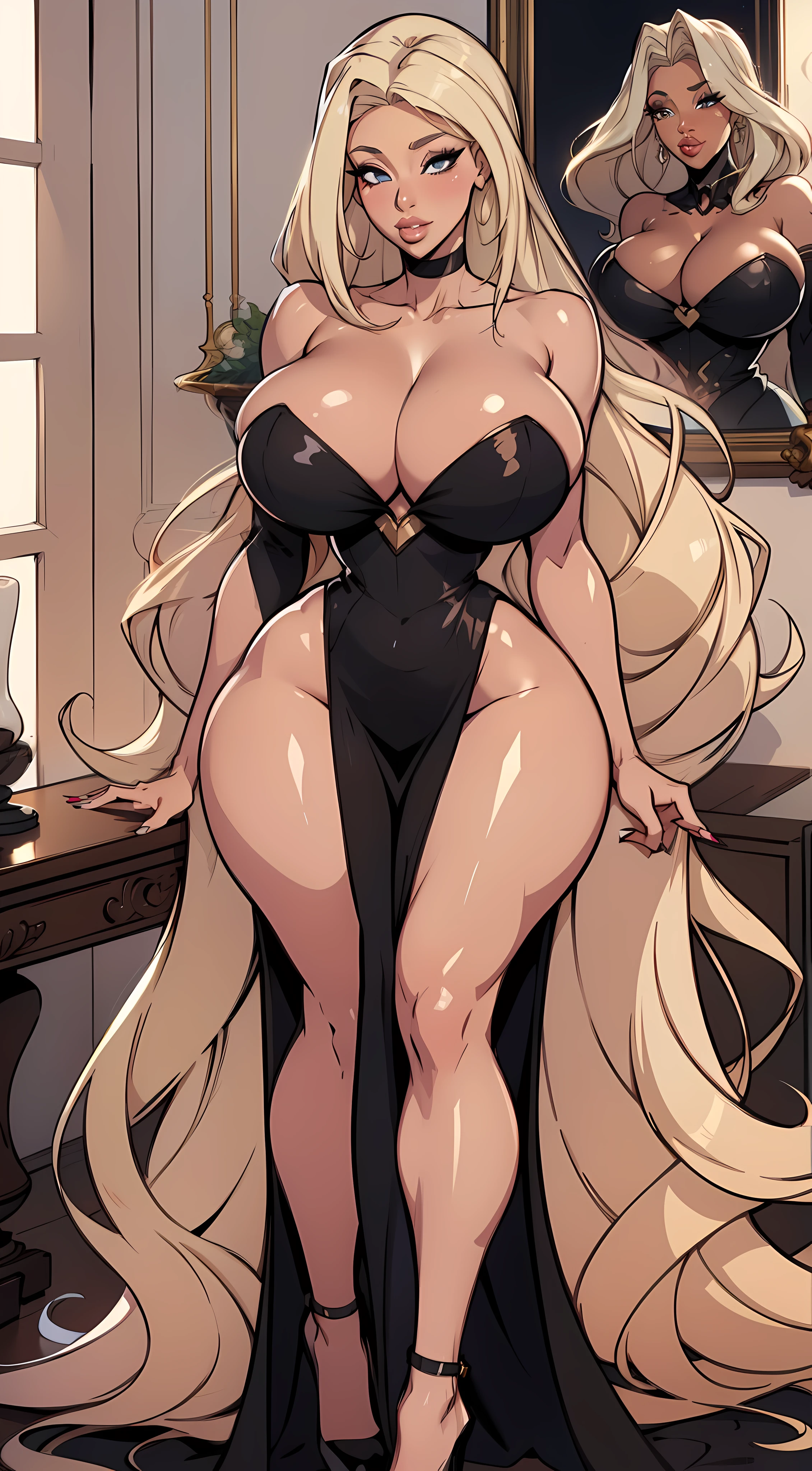 , 1girls, solo focus, masterpiece, best quality, highres, Full body Portrait, nicolette shea x Cardi B x kim Kardashian, trophy wife,wearing long beautiful gowns,their hair was long and perfectly blond. Bright blond. Platinum blond. There must have pounds of it, so thick and shiny and with so many locks and curls, all wrapping down her back in an enormous sexy mane. It framed her face wonderfully, that face that was just pure, hot,wearing sexy dress