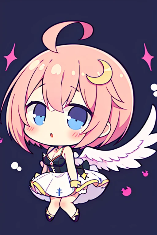 1girl, ahoge, angel, angel wings, bangs, black dress, blue eyes, blunt bangs, blush, breasts, chibi, crescent, crescent hair ornament, dress, full body, hair ornament, halo, pink hair, short hair, solo, virtual youtuber, white background, wings