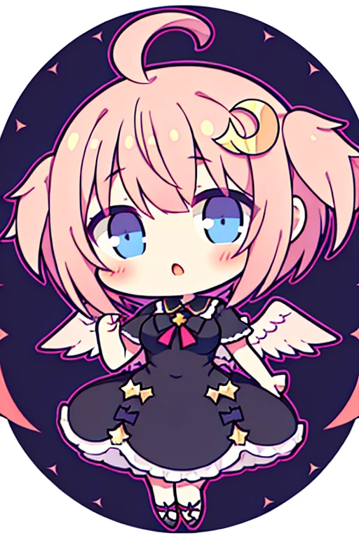 1girl, ahoge, angel, angel wings, bangs, black dress, blue eyes, blunt bangs, blush, breasts, chibi, crescent, crescent hair ornament, dress, full body, hair ornament, halo, pink hair, short hair, solo, virtual youtuber, white background, wings