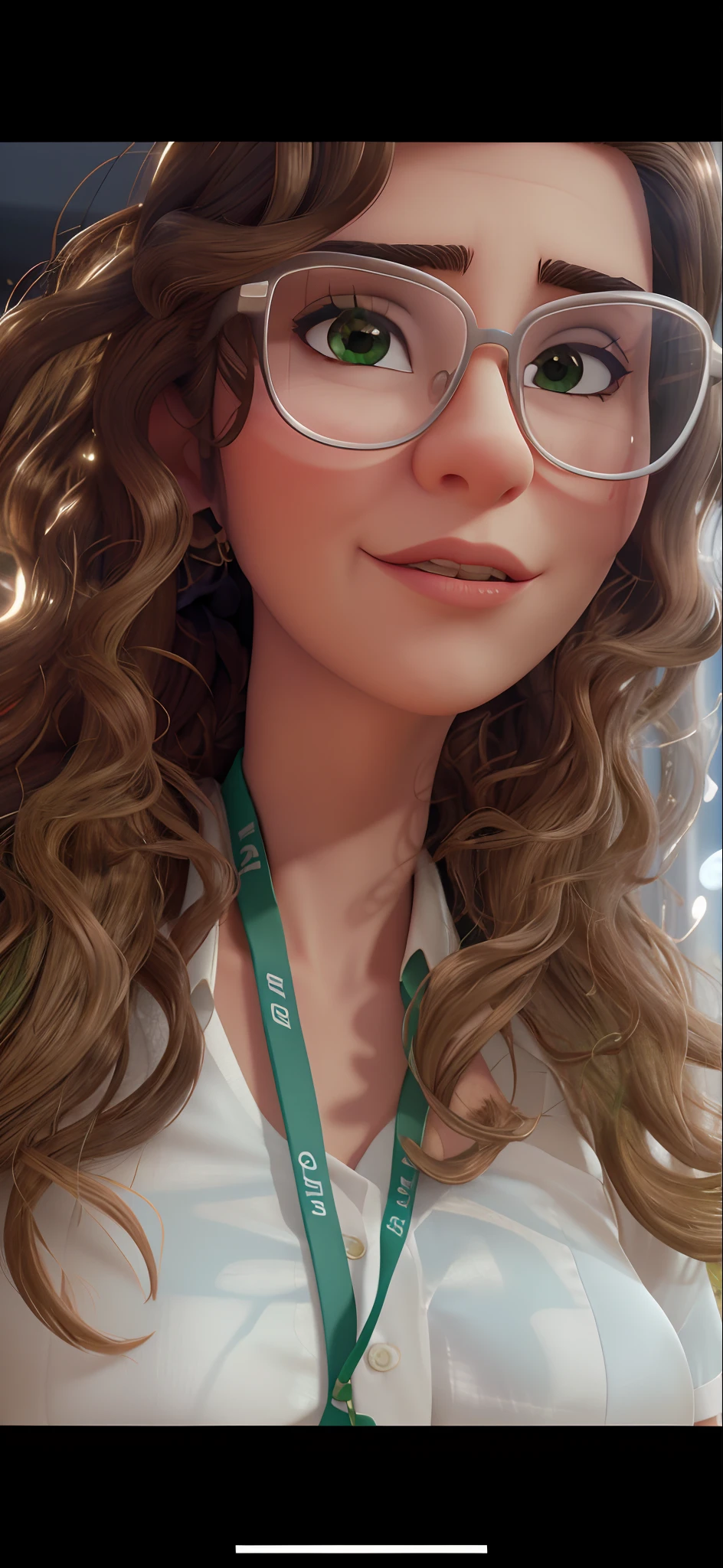 Woman with glasses and a green lanyard around her neck, some glints and specs, cabelos cacheados, imagem de qualidade muito baixa, neck zoomed in from lips down, encaracolado, thick lips, imagem de perfil, com longos cabelos cacheados, 3 0 anos de idade mulher, Mulher de 30 anos, With eye Glasses, long messy curly hair, with sun glasses