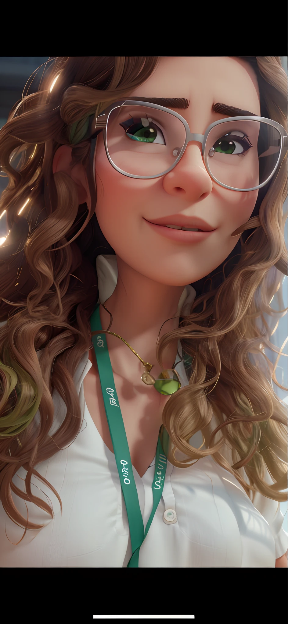 Woman with glasses and a green lanyard around her neck, some glints and specs, cabelos cacheados, imagem de qualidade muito baixa, neck zoomed in from lips down, encaracolado, thick lips, imagem de perfil, com longos cabelos cacheados, 3 0 anos de idade mulher, Mulher de 30 anos, With eye Glasses, long messy curly hair, with sun glasses