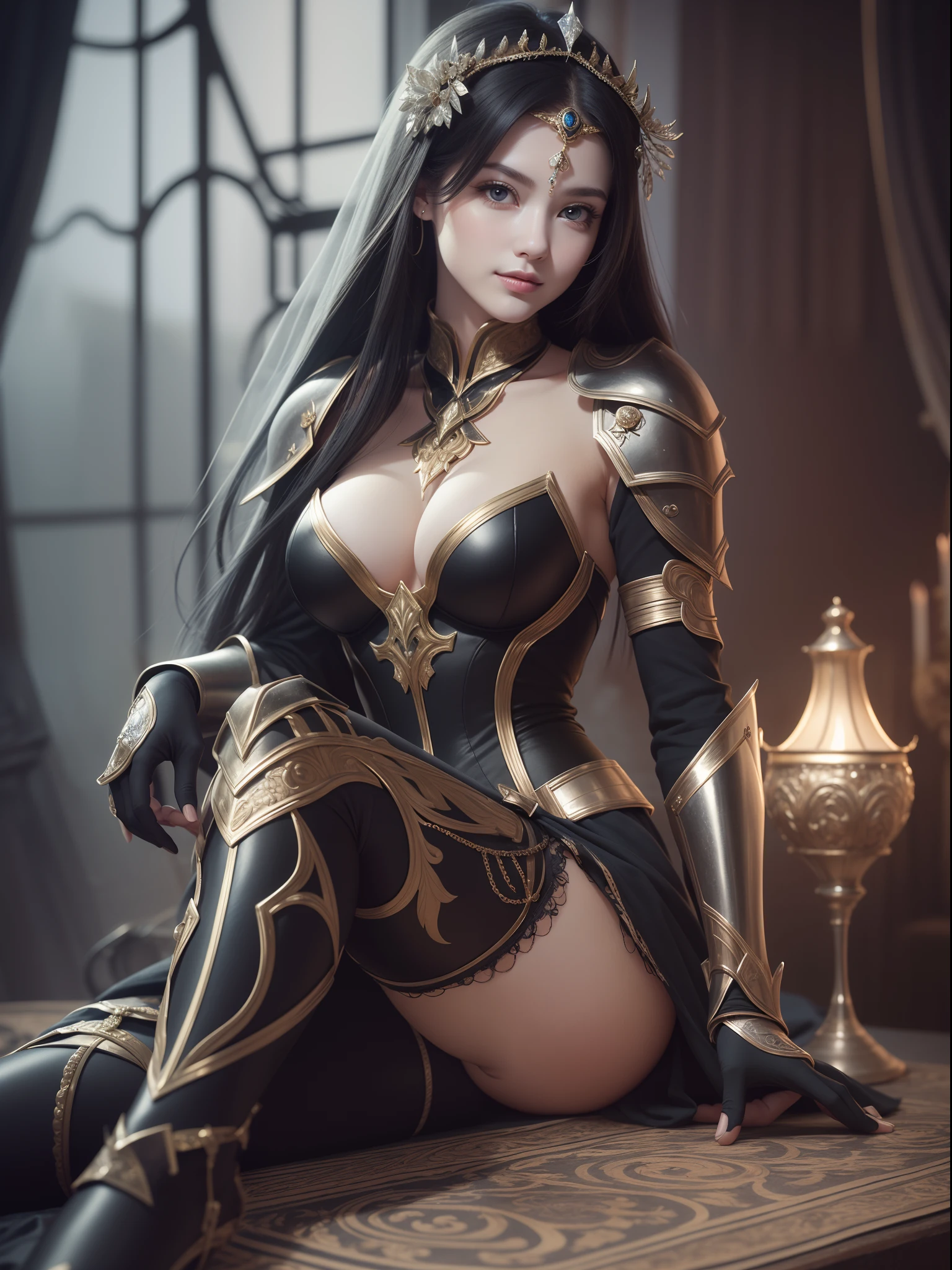 (((highest quality))), ((masterpiece)), ((complex details)), 32k, Sharpness, Highly detailed CG, Perfect artwork, detailed and detailed details, Fantastic art, Fantasy work, dark atmosphere: 1.8, Perfect female figure, ((Female in her early twenties)), Leg line beauty, Very delicate and beautiful, best quality, beautiful detailed girl, beautiful fine eyes, face lights, Realistic representation of face, intricate details, makeup, ((staring at the viewer,crazy, faint smile:1.4))), (Female Knight: 1.8), (Full body armor: 1.9, iron, black leggings: 1.3 decoration, black, no shine, complex and dense, detailed, armor without exposure: 1.8)))),(Detailed beautiful delicate face, detailed beautiful delicate eyes, face) perfect proportions, perfect face shape:1.1, Detailed Skin, Detailed Skin, (Dense and Detailed Jewel Piercings:0.5), Full Body:1.5, Darkness, Darkness, Madness, Cross Legs, Corrupt