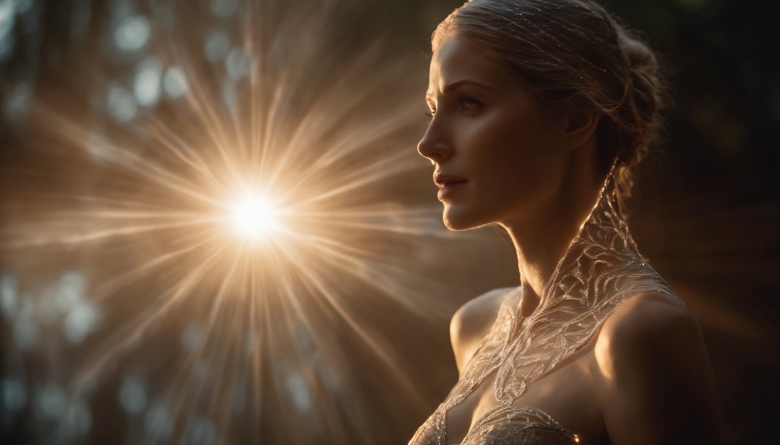 Gnostic Sophia Entity,Semi-Transparent Body,Energy-Like Veins the veins must be visible on the body and shiny,Ethereal Lighting :brightness of the veins and body transparency, wide view, picture of an ethereal woman,intricate details, textured translucence skin with veins like made of (glowing light:1.2)textured translucence skin with veins like made of (glowing light:1.2)
