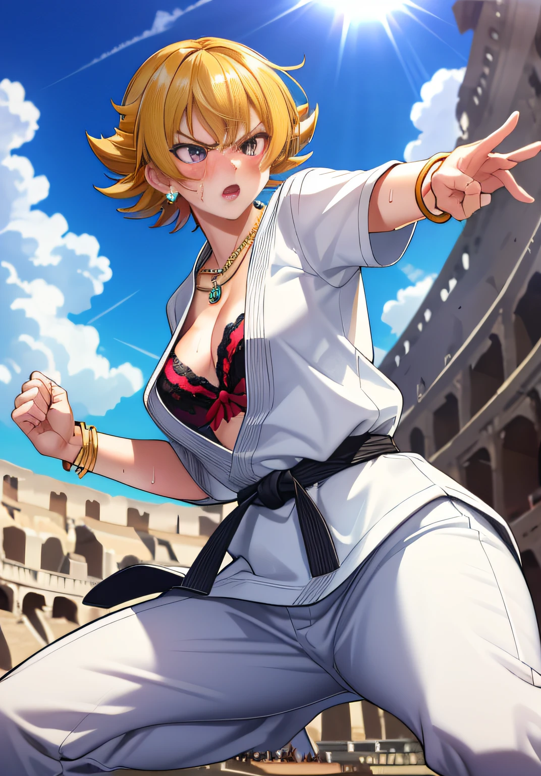 igawa,medium breasts,bouncing breasts,cleavage,blonde hair,bobcut, purple eyes,navel,(karate gi,white pants:1.2),(gorgeous bra:1.1),no panties,(sweat gleaming skin:1.1), outdoors,sunlight, spotlight effect,bright sky, blue sky with clouds,strong wind, (colosseum),(highres, high quality:1.1), intricate details, cinematic lighting, 1girl,(red blush,angry),(Gorgeous Necklace,jewelry, bracelet),(dynamic fighting pose:1.2),dynamic angle,from below