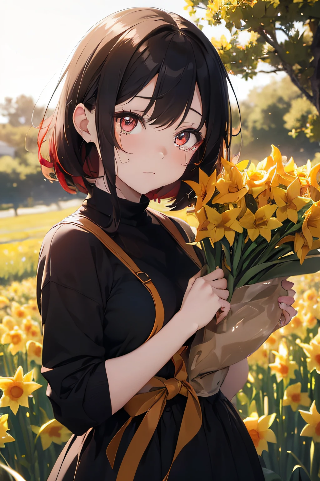 A beautiful anime girl with dark amber eyes, red hair and pale skin. She's crying in the middle of a prairie while holding some daffodils tied with a string. Soft lighting, soft blending, soft shadows, bright sparkles