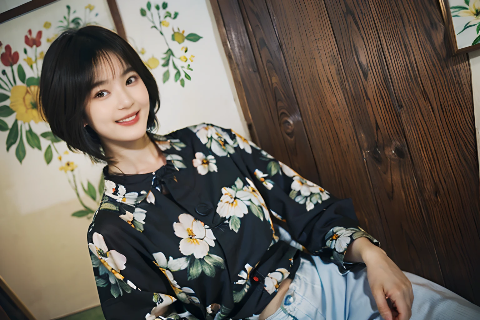 93
(a 20 yo woman,is standing), (A hyper-realistic), (masutepiece), ((short-hair:1.46)), (Smooth black hair), wear long pants, (Wearing a long-sleeved shirt with a floral print), (painterly、picture frame), (Gentle smile), (Keep your mouth shut)