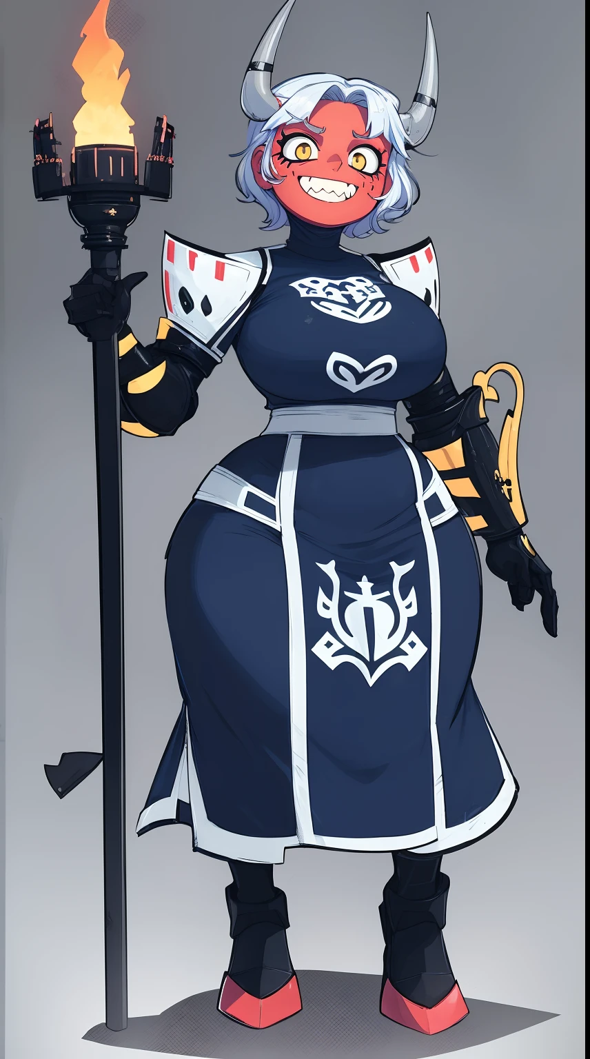 nun, demon girl, walking, , warpriesstes, silver hair, short hair, sacred gauntlets, long ski, cute smile, pure smile, love smile,,veillong skirt, pantyhose, staff holding, armor, gloves, standing, full body,sharpteeth