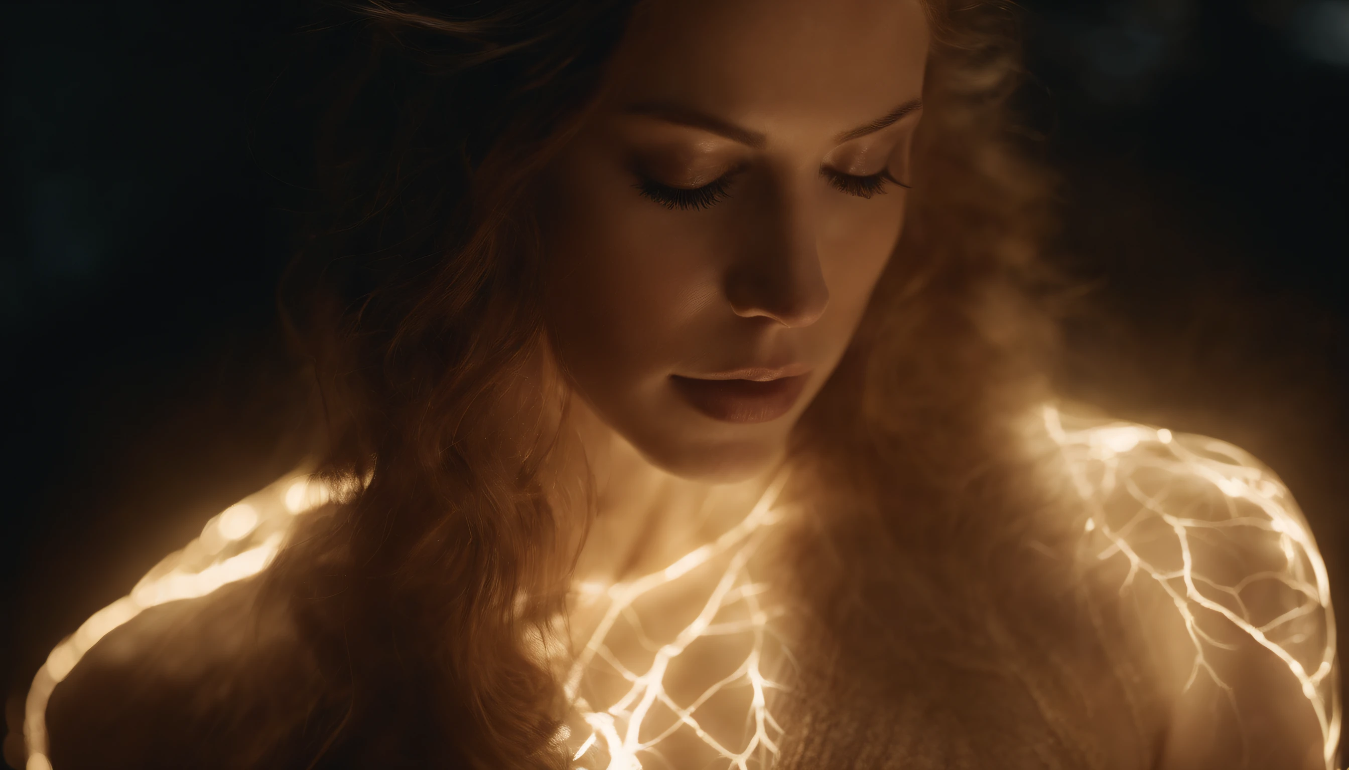 Gnostic Sophia Entity,Semi-Transparent Body,Energy-Like Veins the veins must be visible on the body and shiny,Ethereal Lighting :brightness of the veins and body transparency, wide view, picture of an ethereal woman,intricate details, textured translucence skin with veins like made of (glowing light:1.2)textured translucence skin with veins like made of (glowing light:1.2)