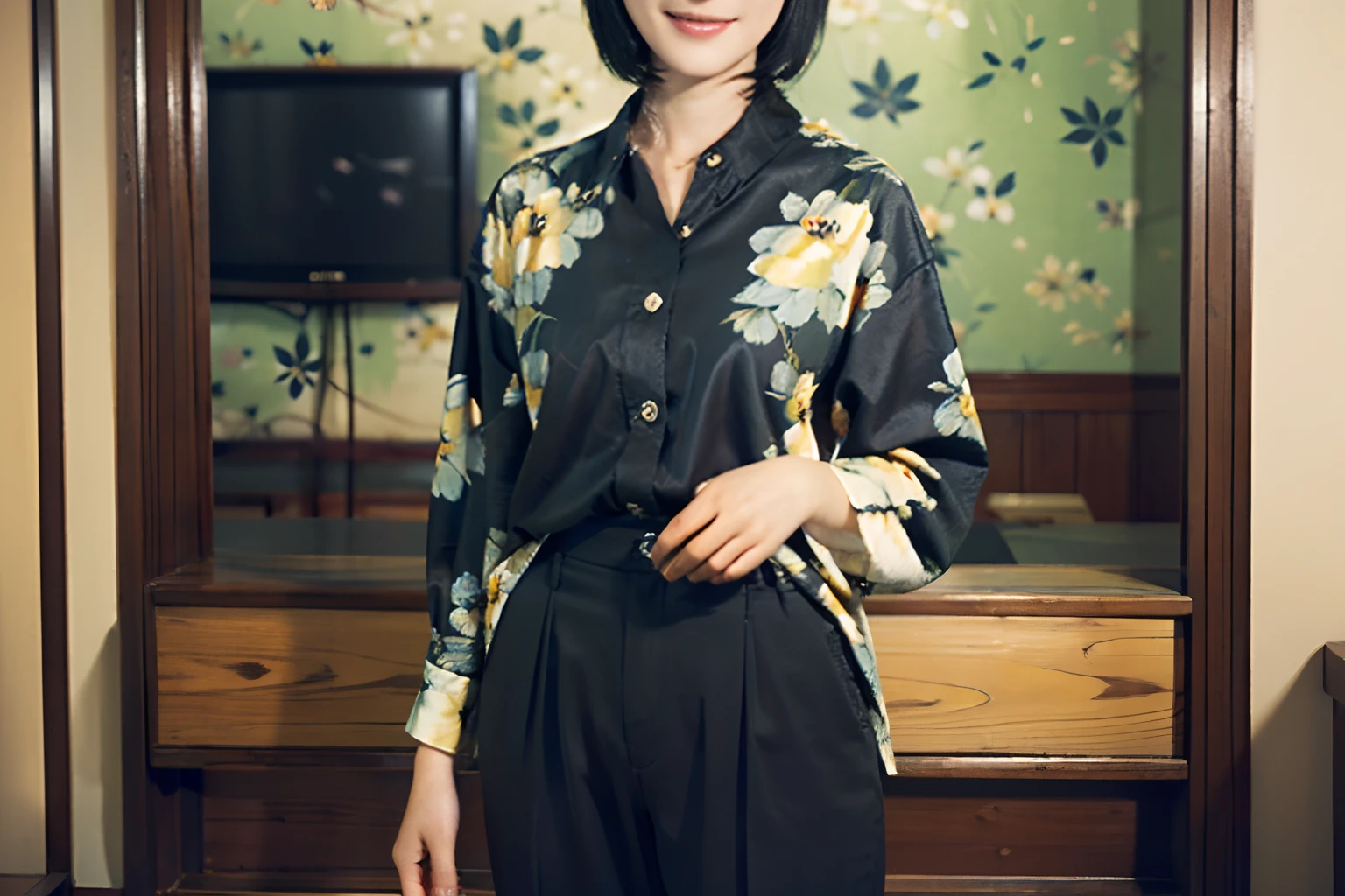 93
(a 20 yo woman,is standing), (A hyper-realistic), (masutepiece), ((short-hair:1.46)), (Smooth black hair), wear long pants, (Wearing a long-sleeved shirt with a floral print), (painterly、picture frame), (Gentle smile), (Keep your mouth shut)