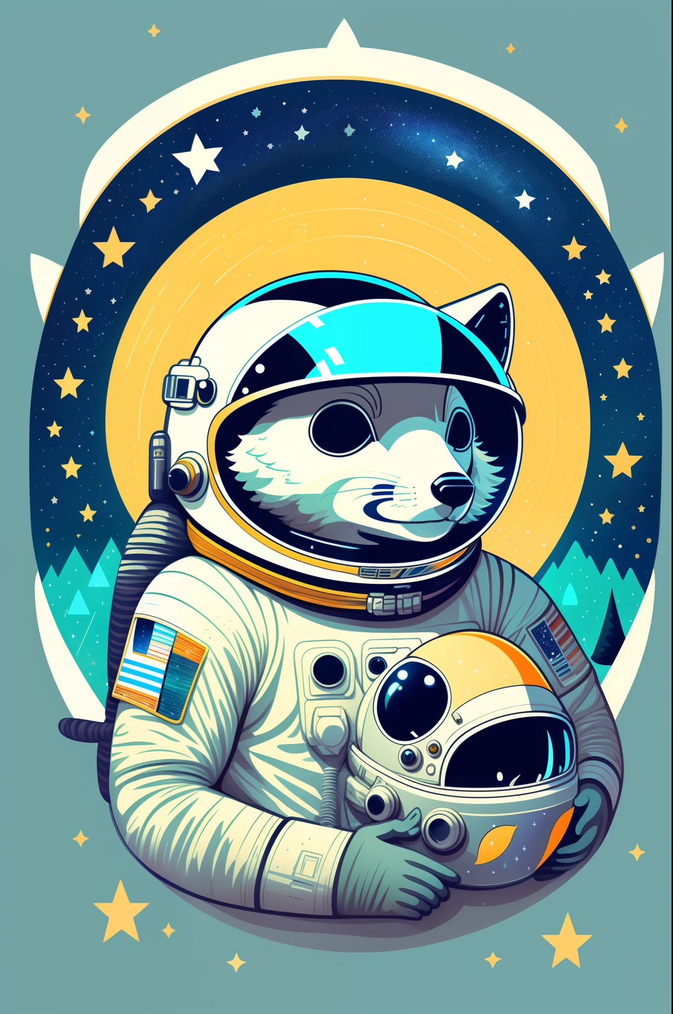 Illustration de loups astronaute, espace, Fiction scientifique, Personnage mignon, Fond clair, Fond d’éclaboussures abstraites, Conception de t-shirt, Art vectoriel