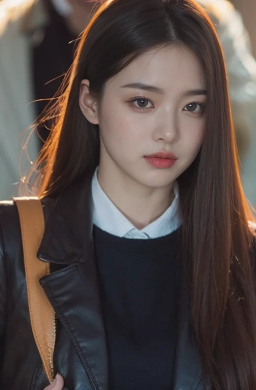 Girl with slanted eyes like a fox, with a thin nose and pompous lips.