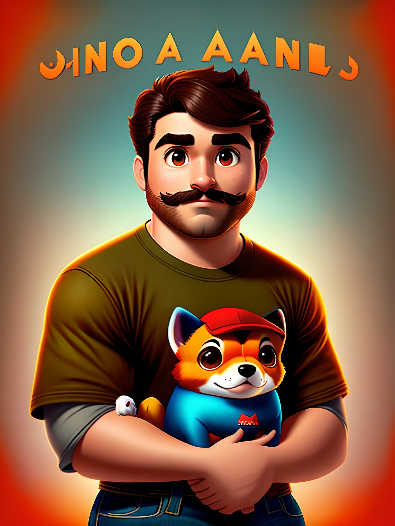Disney Pixar inspired movie poster with the title “Jonathan” about a young adult tan man. He has brown eyes. He has straight brown eyebrows. He has wavy black hair. He has a beard and a mustache. He has alot of money. His face and body is fat. He wears flannels. He drives a red bronco. He has a brown pomsky dog. Make it a Disney Pixar 3D Animation.