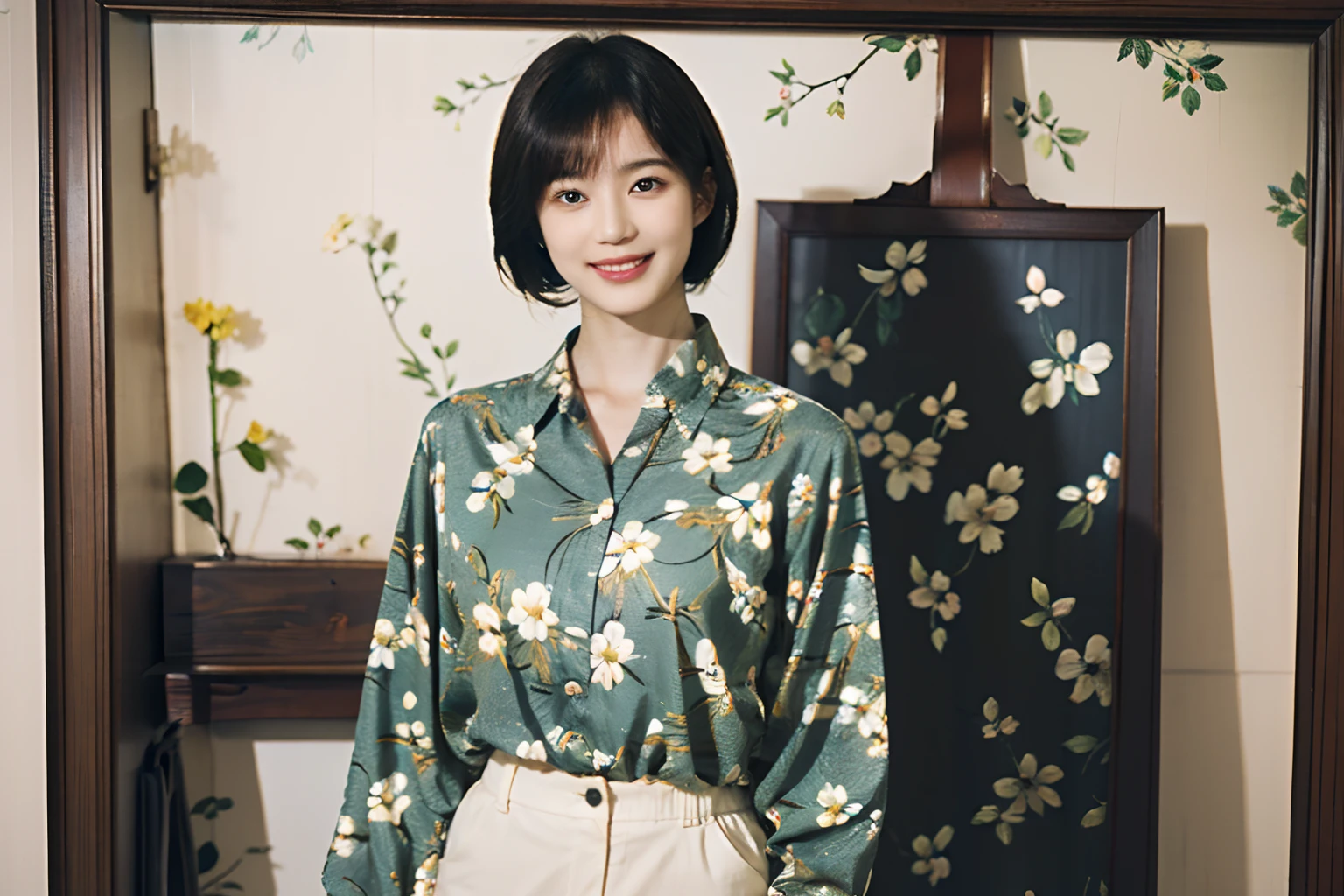 93
(a 20 yo woman,is standing), (A hyper-realistic), (masutepiece), ((short-hair:1.46)), (Smooth black hair), wear long pants, (Wearing a long-sleeved shirt with a floral print), (painterly、picture frame), (Gentle smile), (Keep your mouth shut)