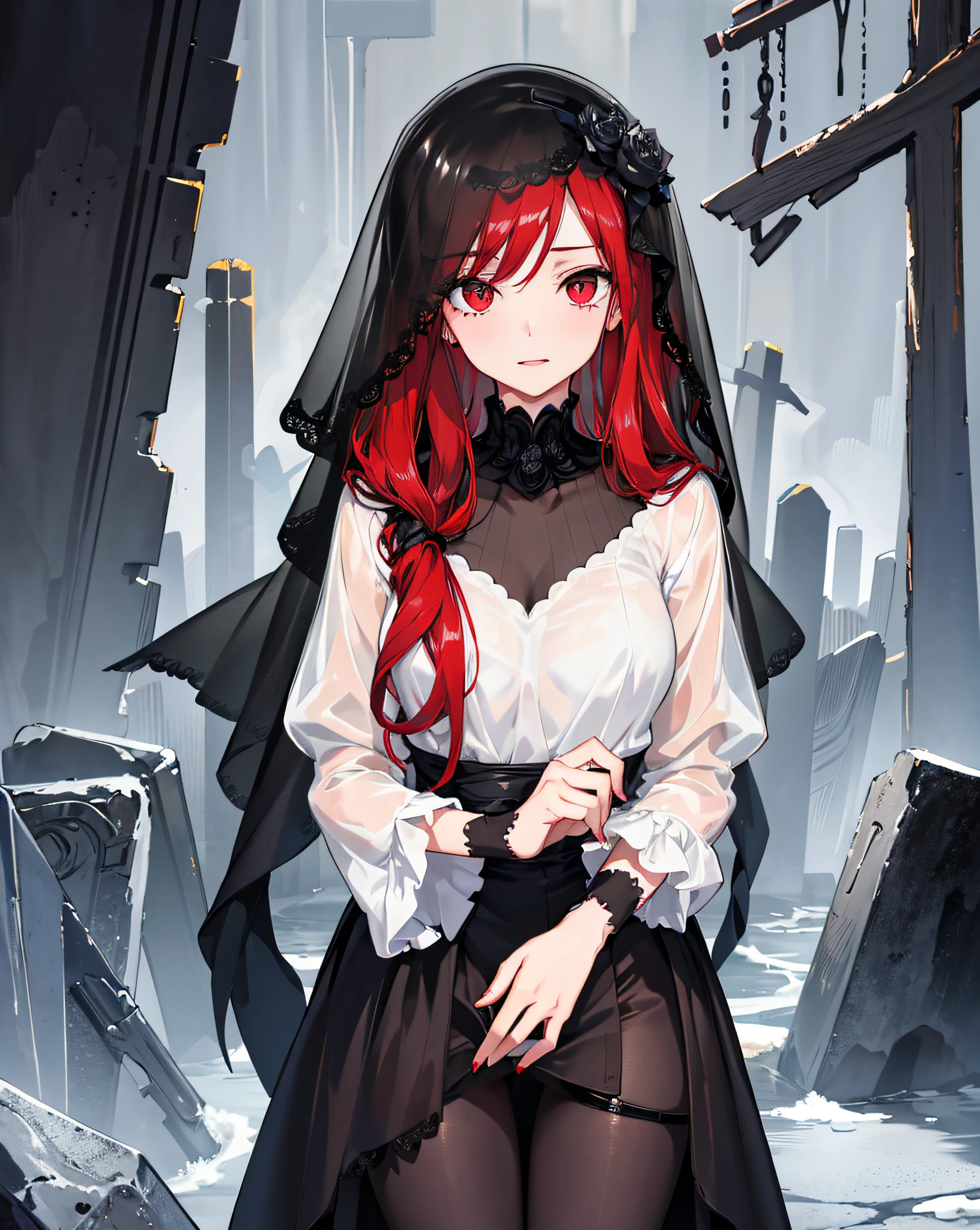 masterpiece,1girl, black_dress,black_veil,veil over eyes, widow,red_hair,graveyard, rain,wet,standing