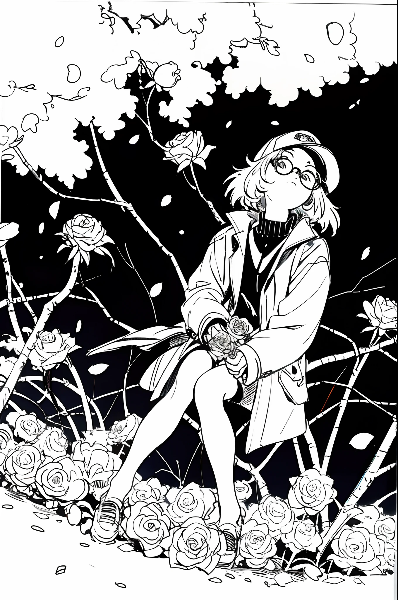 Mirai Kuriyama wearing a coat and a cap sitting on a hill full of flowers, looking upwards, ((empty background)), winter, VHS, vintage, red glasses, manga style, white background, ((monochrome)), far away shot, (sketch), long sleeves, 1girl, looking up, casual clothes, full body, flowery, roses, petals